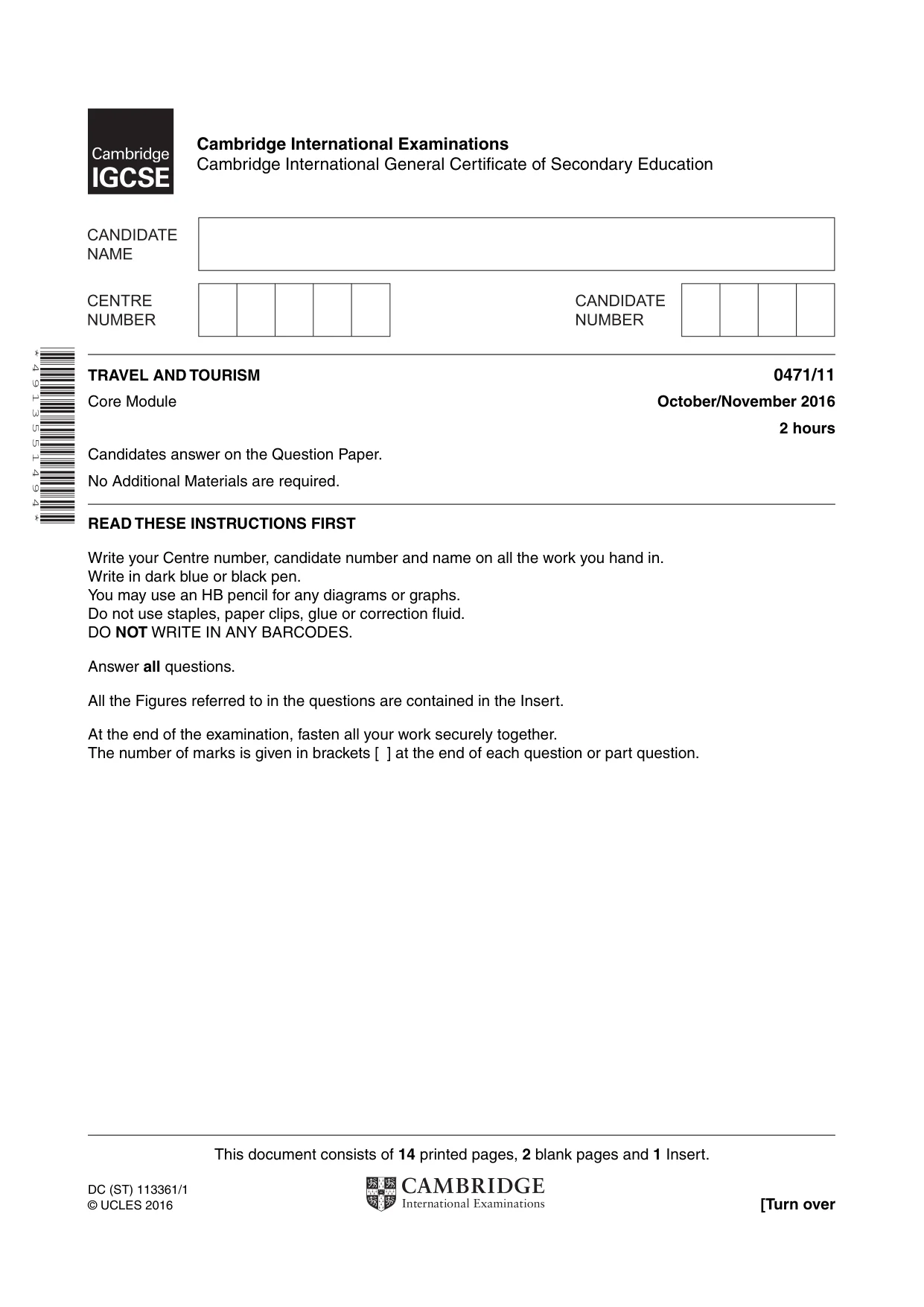 Cambridge IGCSE Travel and Tourism 0471 2016 Oct/Nov Paper 1 · Variant 1 question paper, page 1 of 16