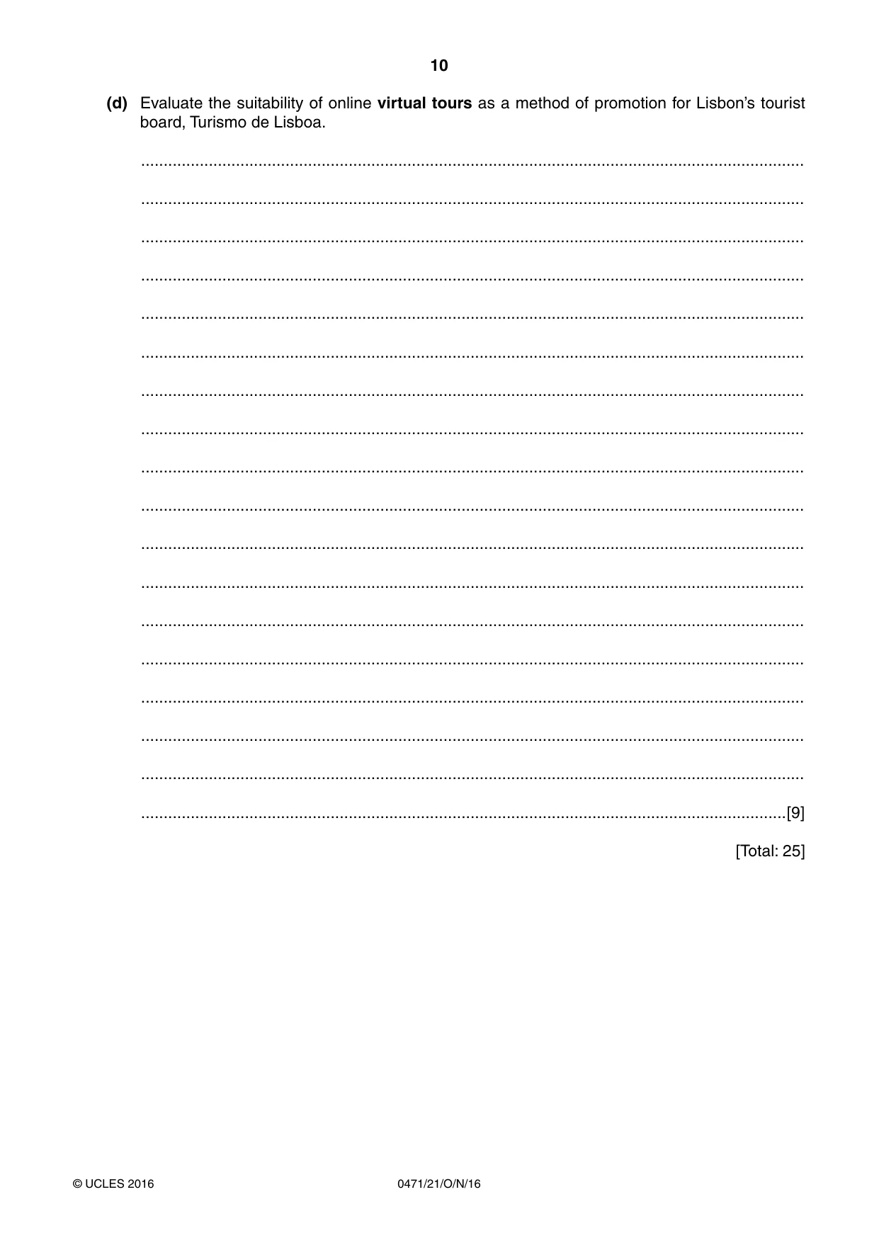 Cambridge IGCSE Travel and Tourism 0471 2016 Oct/Nov Paper 2 · Variant 1 question paper, page 10 of 16