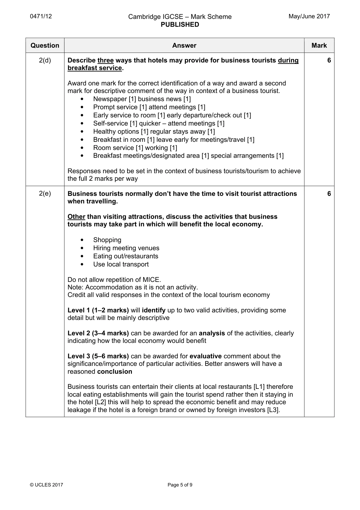 Mark scheme, page 5 of 9