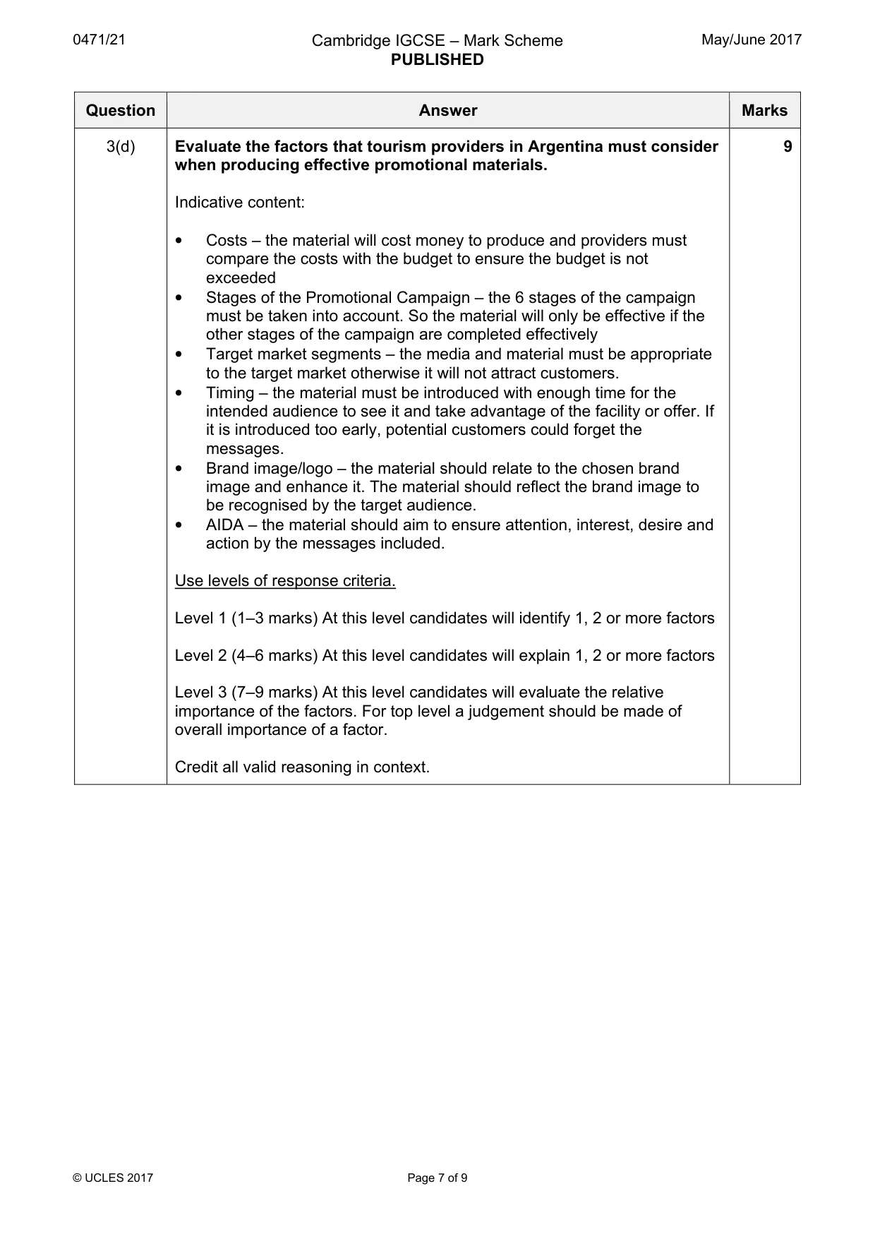 Mark scheme, page 7 of 9