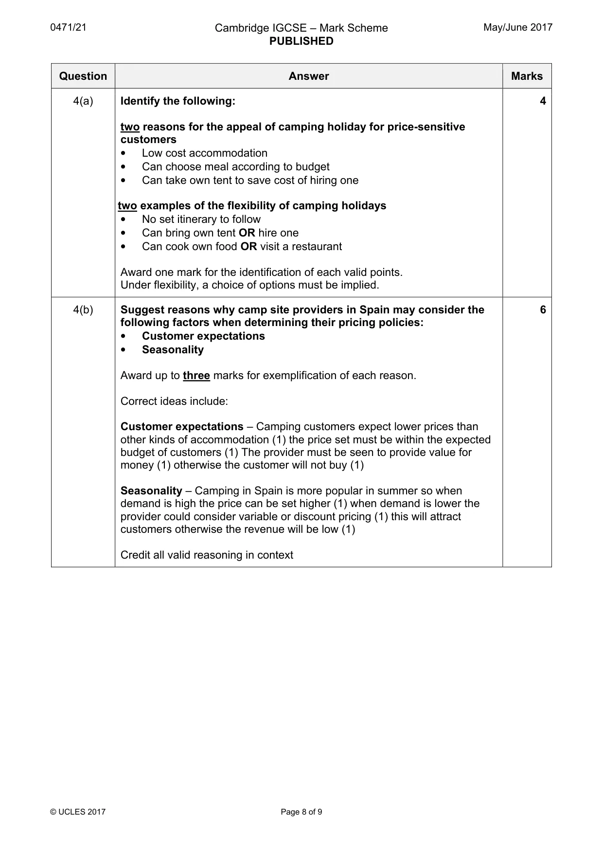 Mark scheme, page 8 of 9