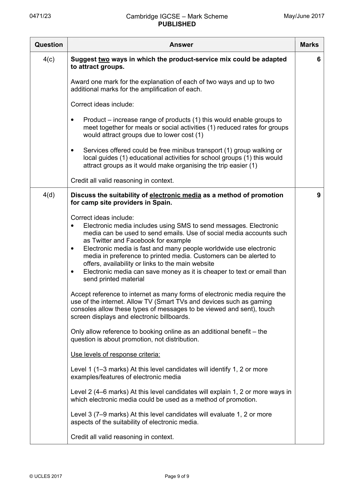 Mark scheme, page 9 of 9