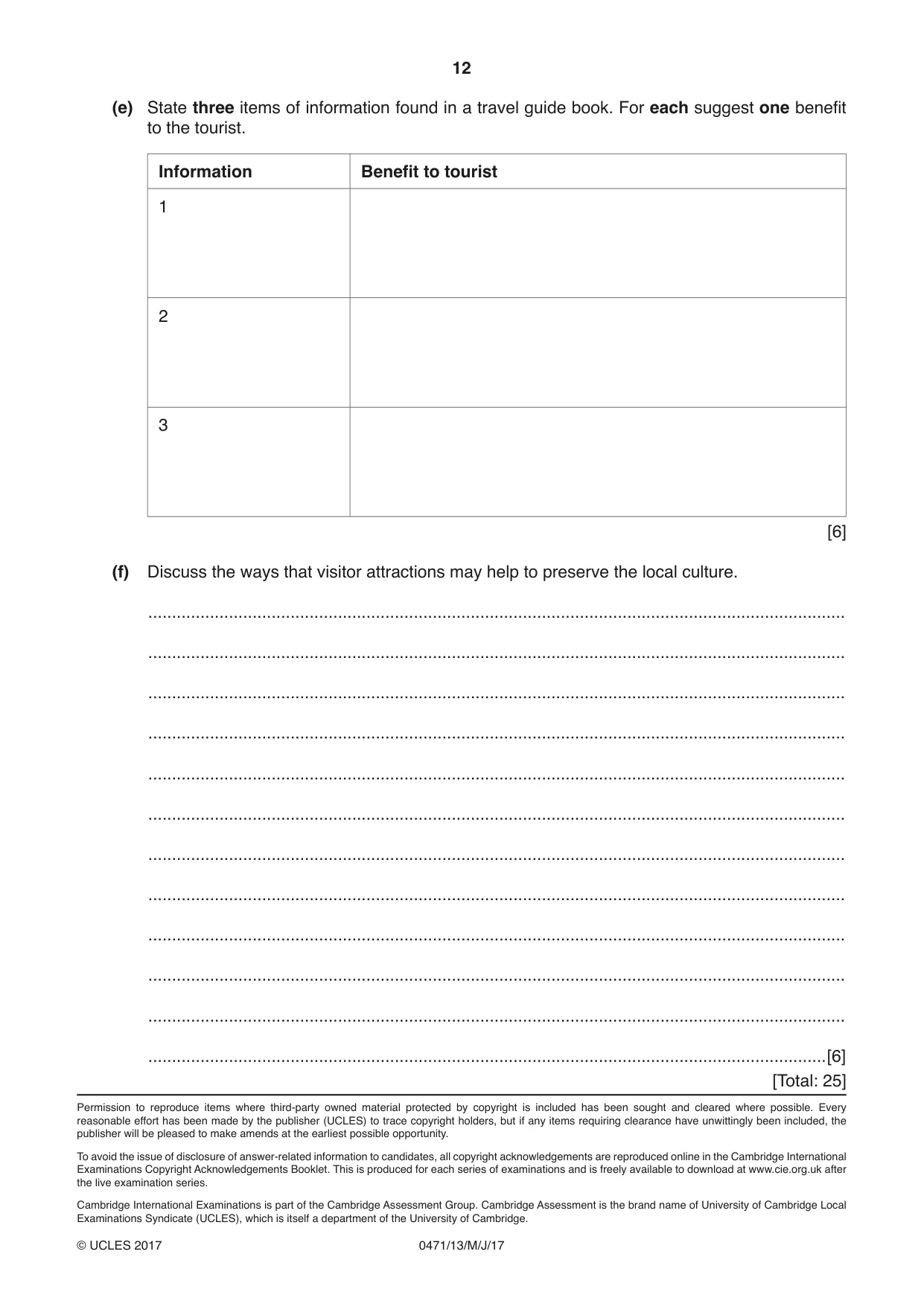 Cambridge IGCSE Travel and Tourism 0471 2017 May/June Paper 1 · Variant 3 question paper, page 12 of 12