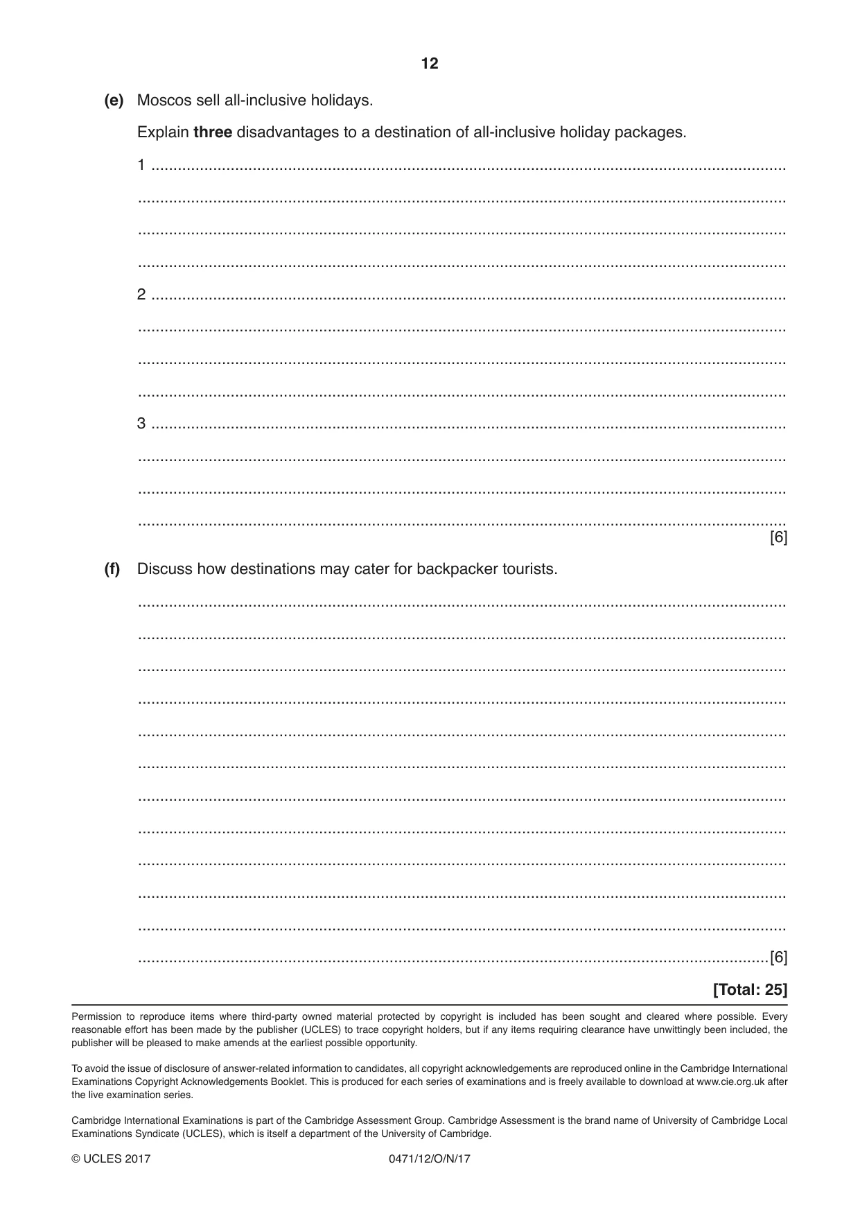 Cambridge IGCSE Travel and Tourism 0471 2017 Oct/Nov Paper 1 · Variant 2 question paper, page 12 of 12