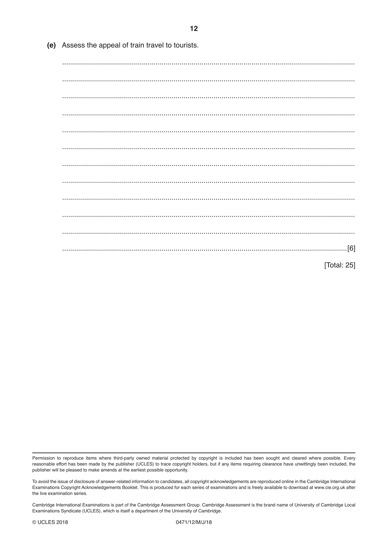 Cambridge IGCSE Travel and Tourism 0471 2018 May/June Paper 1 · Variant 2 question paper, page 12 of 12