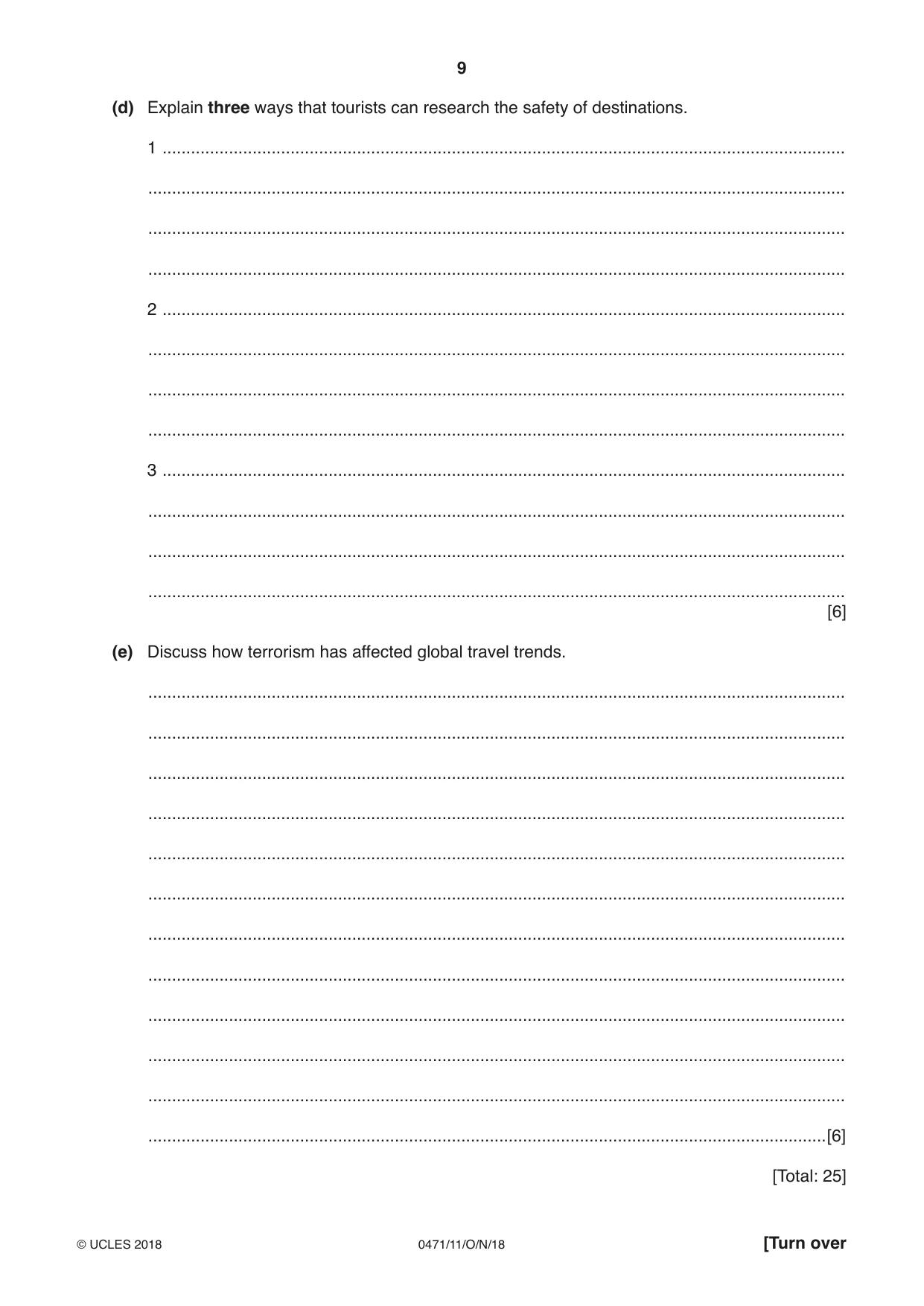 Cambridge IGCSE Travel and Tourism 0471 2018 Oct/Nov Paper 1 · Variant 1 question paper, page 9 of 12