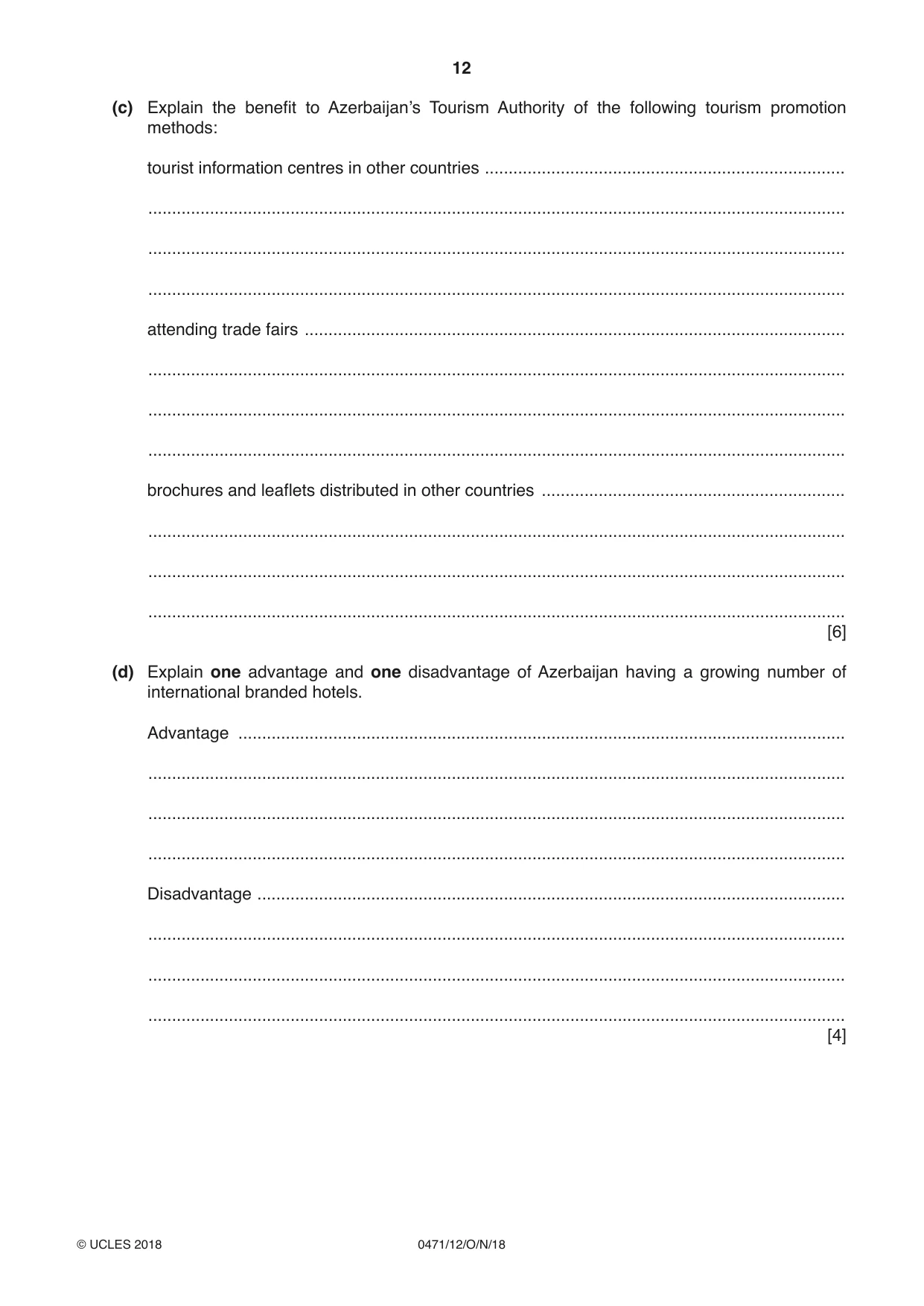 Cambridge IGCSE Travel and Tourism 0471 2018 Oct/Nov Paper 1 · Variant 2 question paper, page 12 of 16