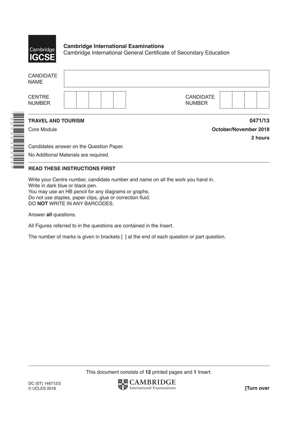 Cambridge IGCSE Travel and Tourism 0471 2018 Oct/Nov Paper 1 · Variant 3 question paper, page 1 of 12