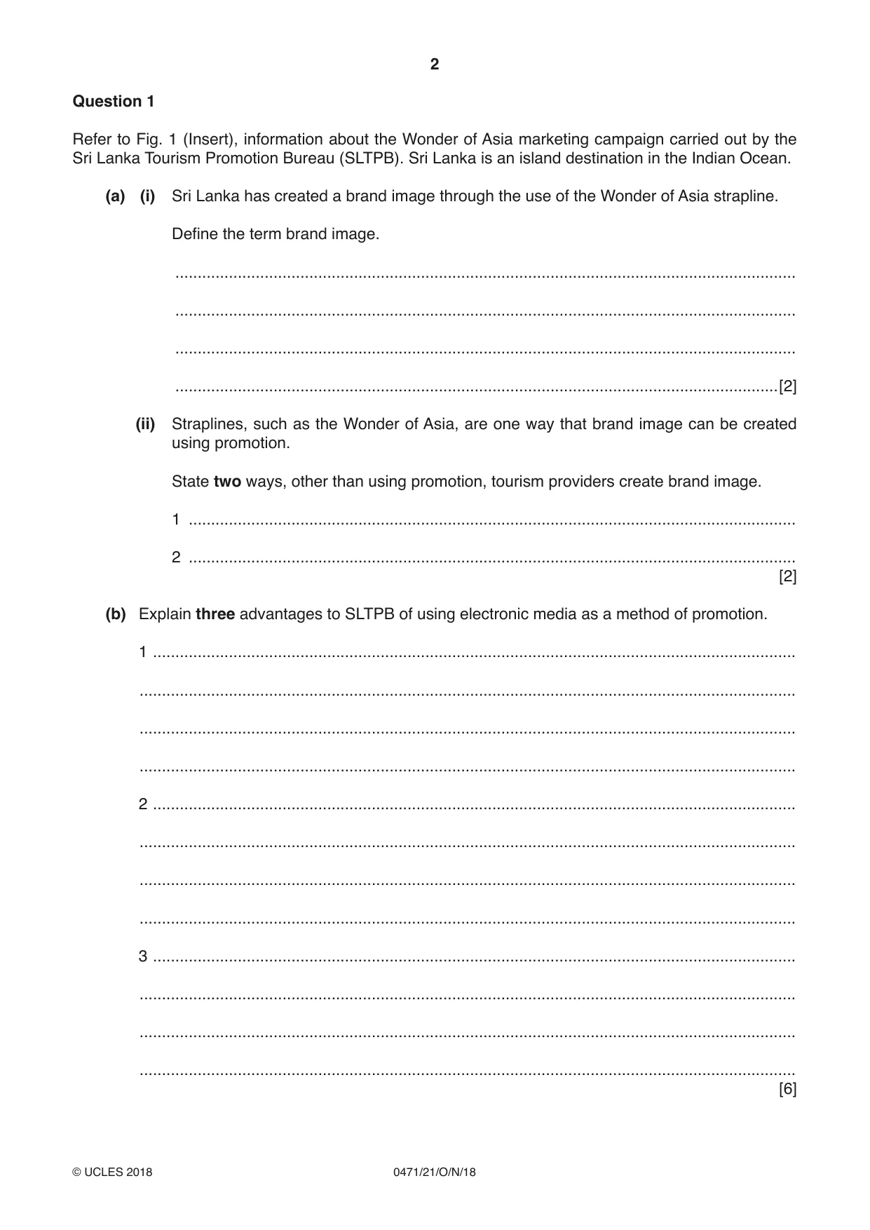 Cambridge IGCSE Travel and Tourism 0471 2018 Oct/Nov Paper 2 · Variant 1 question paper, page 2 of 16