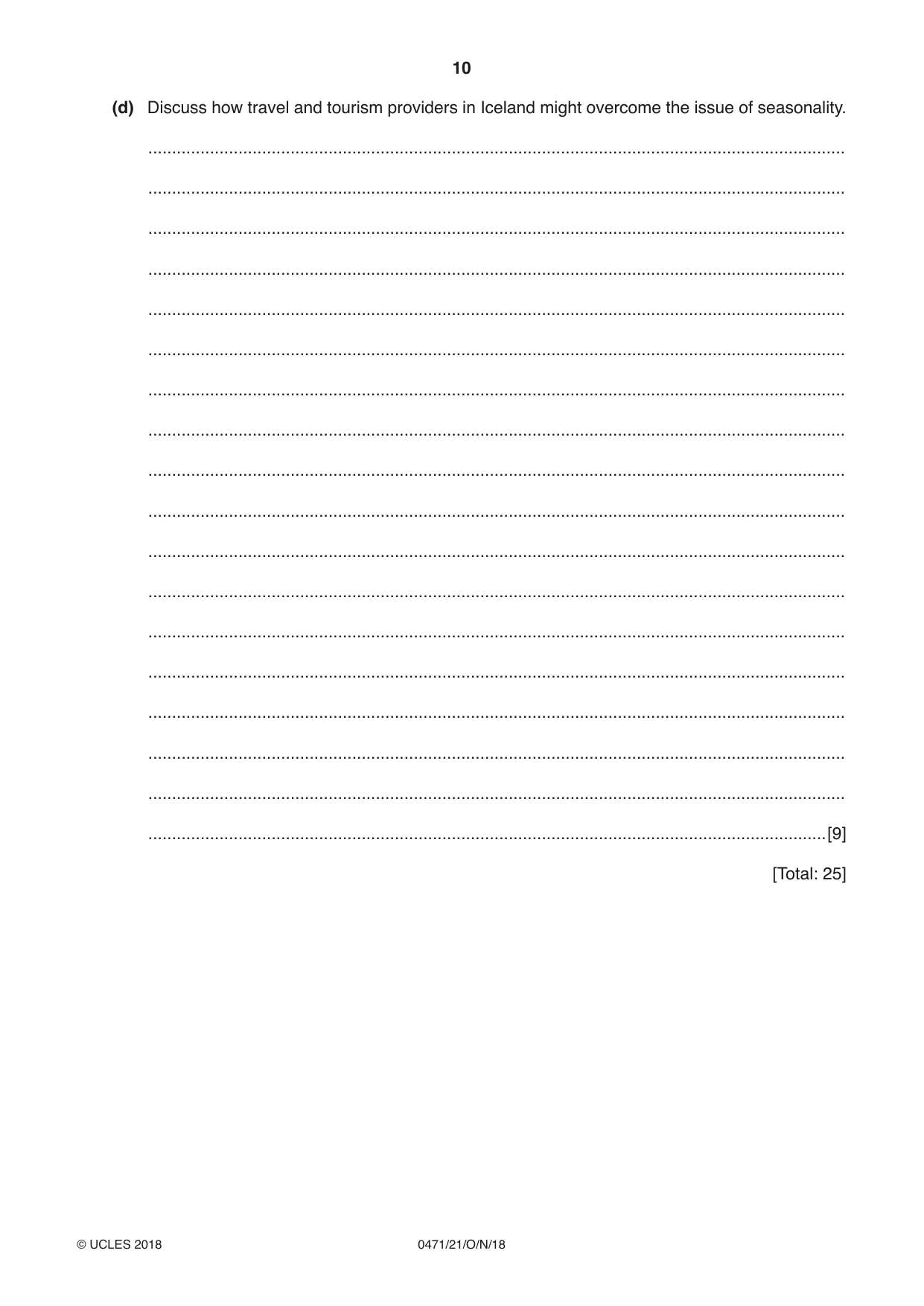 Cambridge IGCSE Travel and Tourism 0471 2018 Oct/Nov Paper 2 · Variant 1 question paper, page 10 of 16