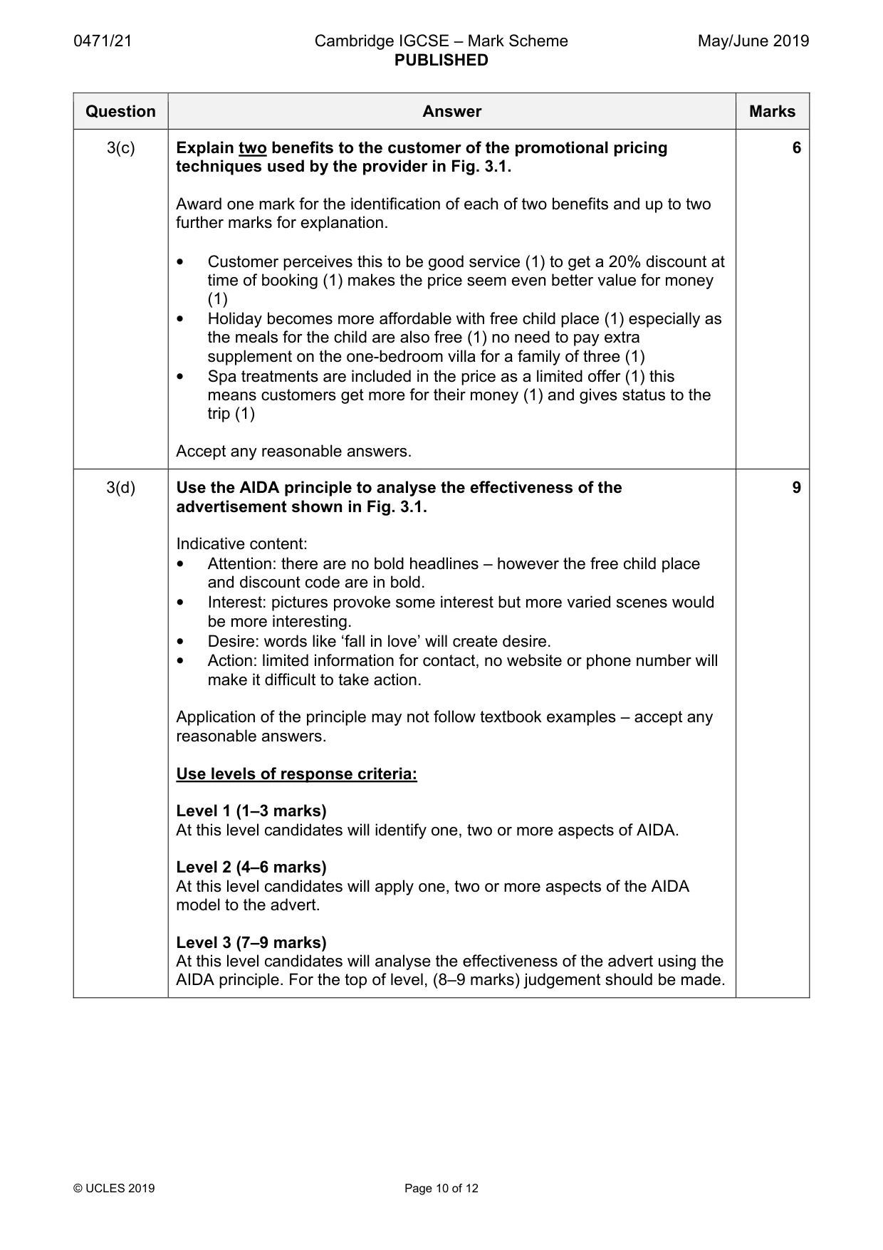 Mark scheme, page 10 of 12