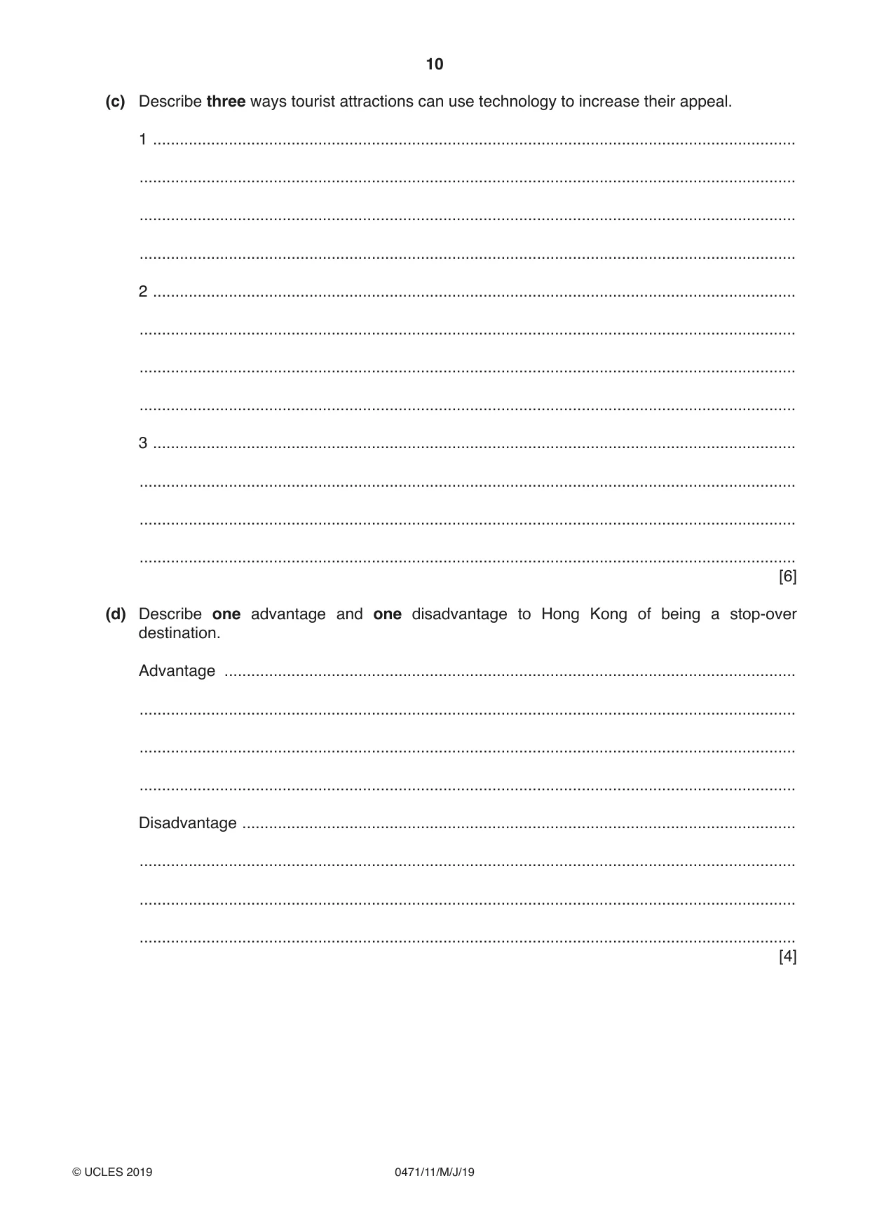 Cambridge IGCSE Travel and Tourism 0471 2019 May/June Paper 1 · Variant 1 question paper, page 10 of 12