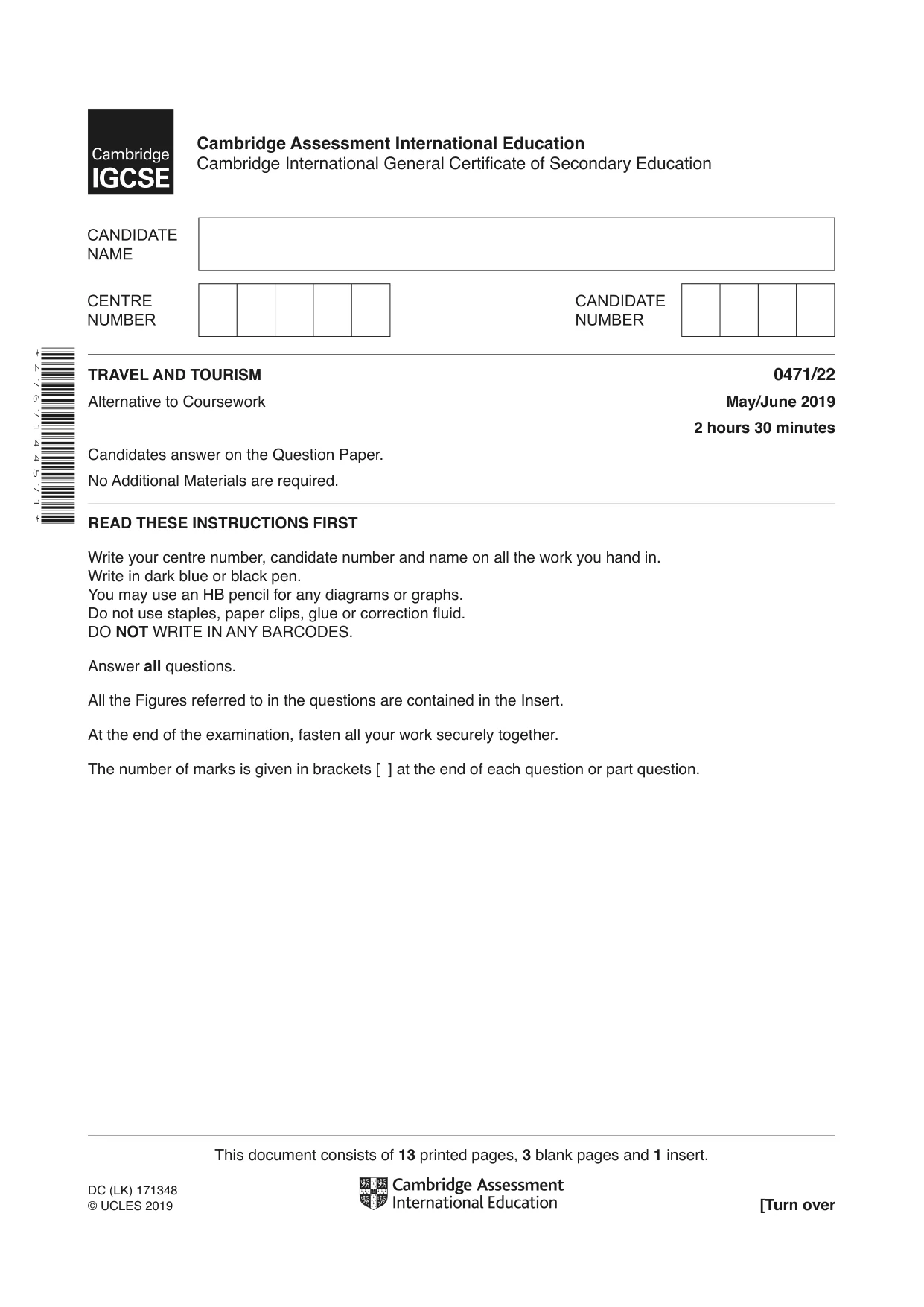 Cambridge IGCSE Travel and Tourism 0471 2019 May/June Paper 2 · Variant 2 question paper, page 1 of 16