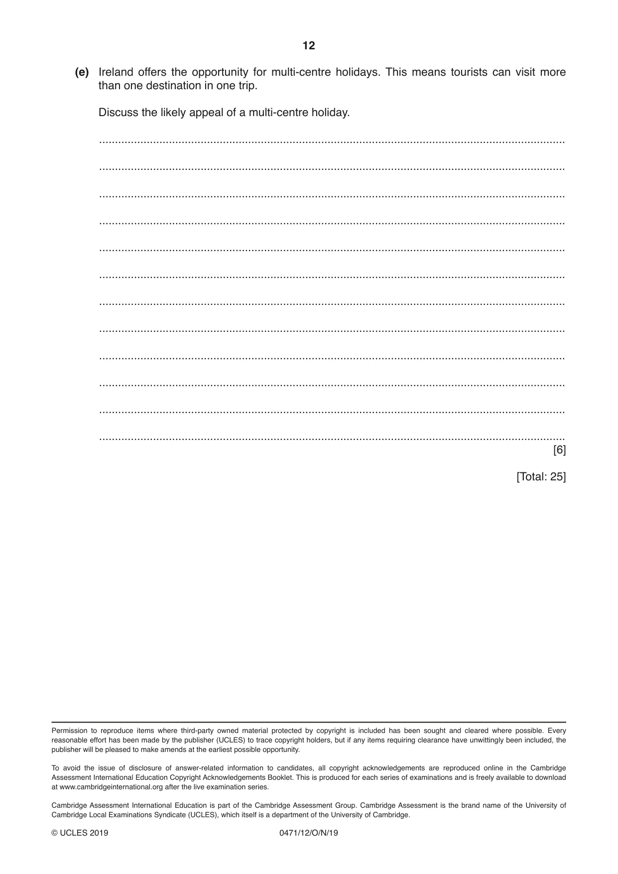 Cambridge IGCSE Travel and Tourism 0471 2019 Oct/Nov Paper 1 · Variant 2 question paper, page 12 of 12
