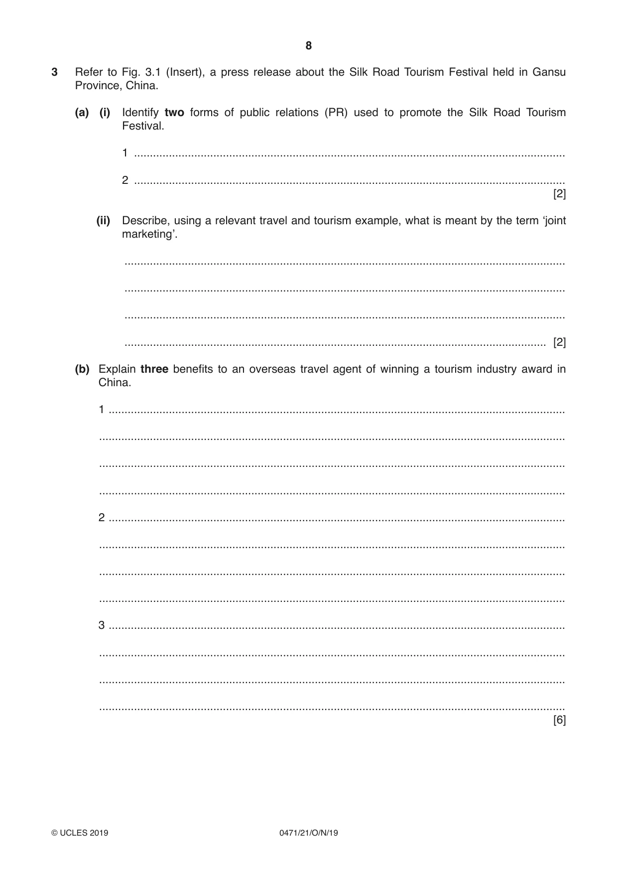 Cambridge IGCSE Travel and Tourism 0471 2019 Oct/Nov Paper 2 · Variant 1 question paper, page 8 of 16