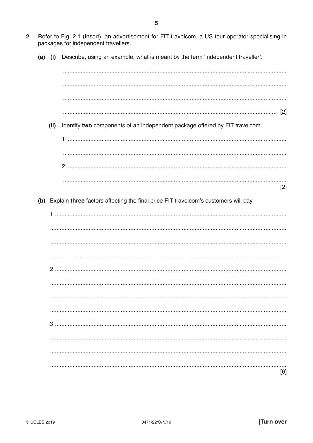 Cambridge IGCSE Travel and Tourism 0471 2019 Oct/Nov Paper 2 · Variant 2 question paper, page 5 of 16