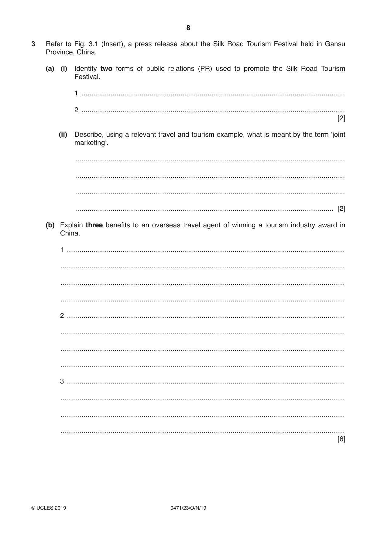 Cambridge IGCSE Travel and Tourism 0471 2019 Oct/Nov Paper 2 · Variant 3 question paper, page 8 of 16