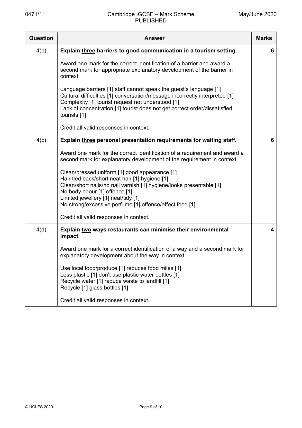 Mark scheme, page 9 of 10