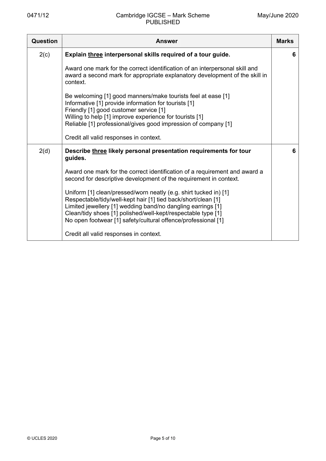 Mark scheme, page 5 of 10