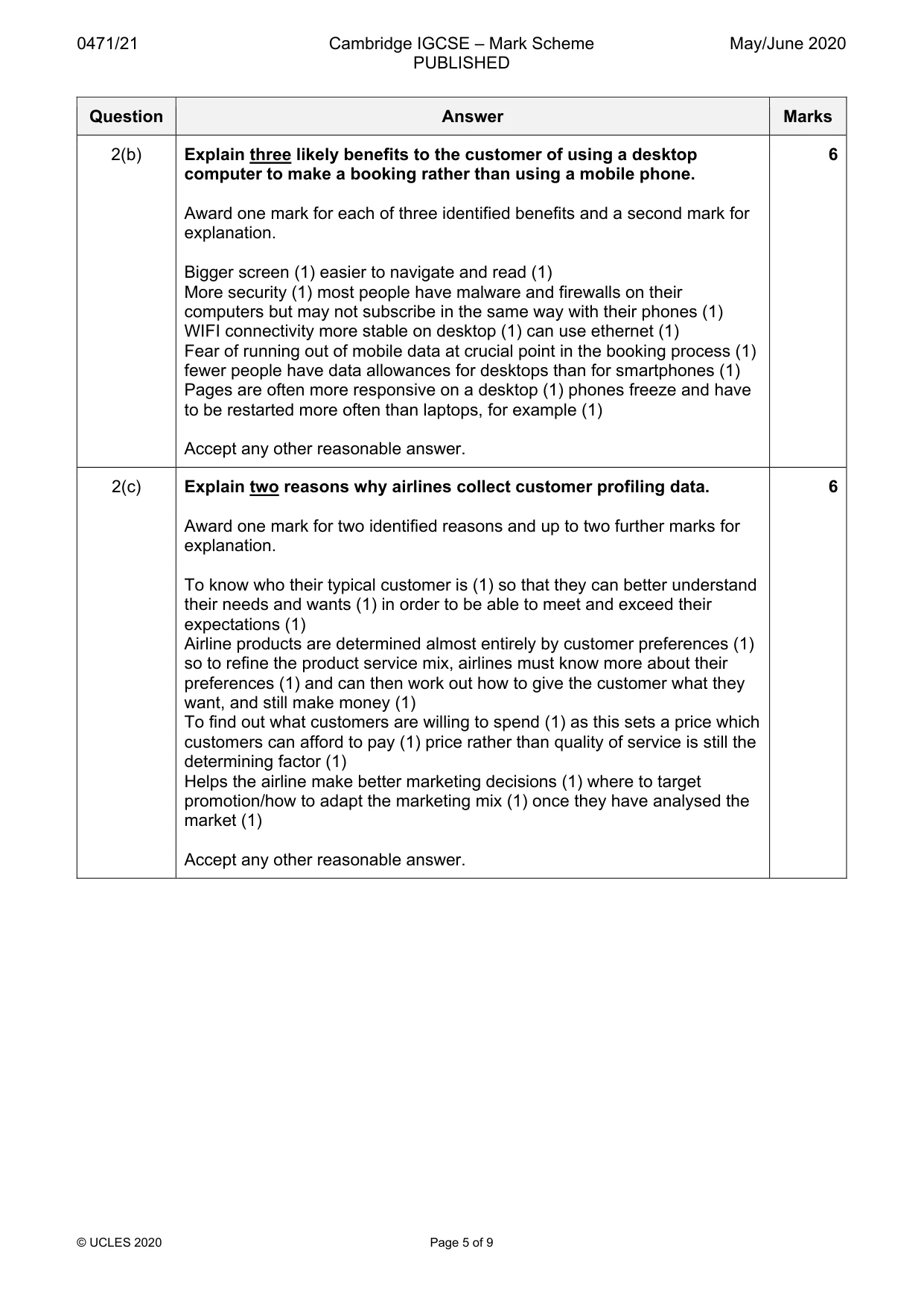 Mark scheme, page 5 of 9