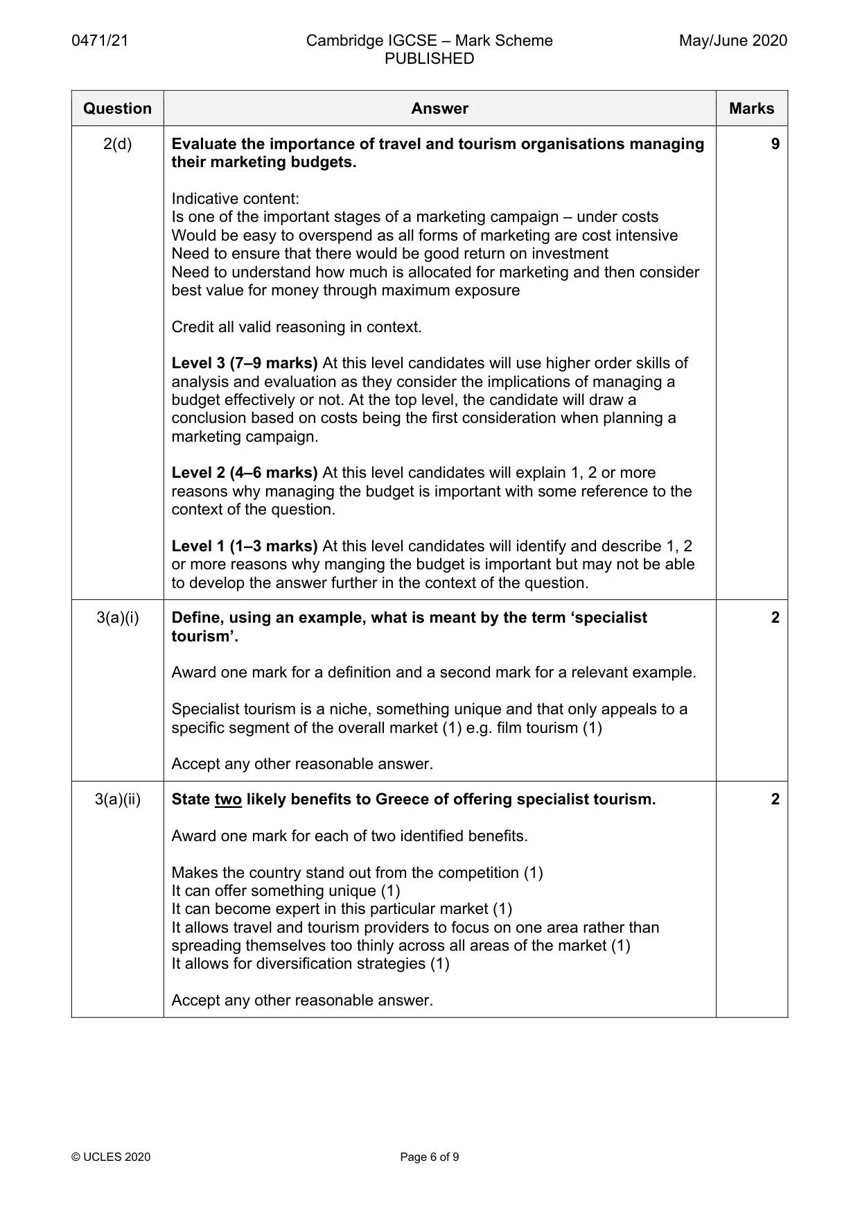 Mark scheme, page 6 of 9