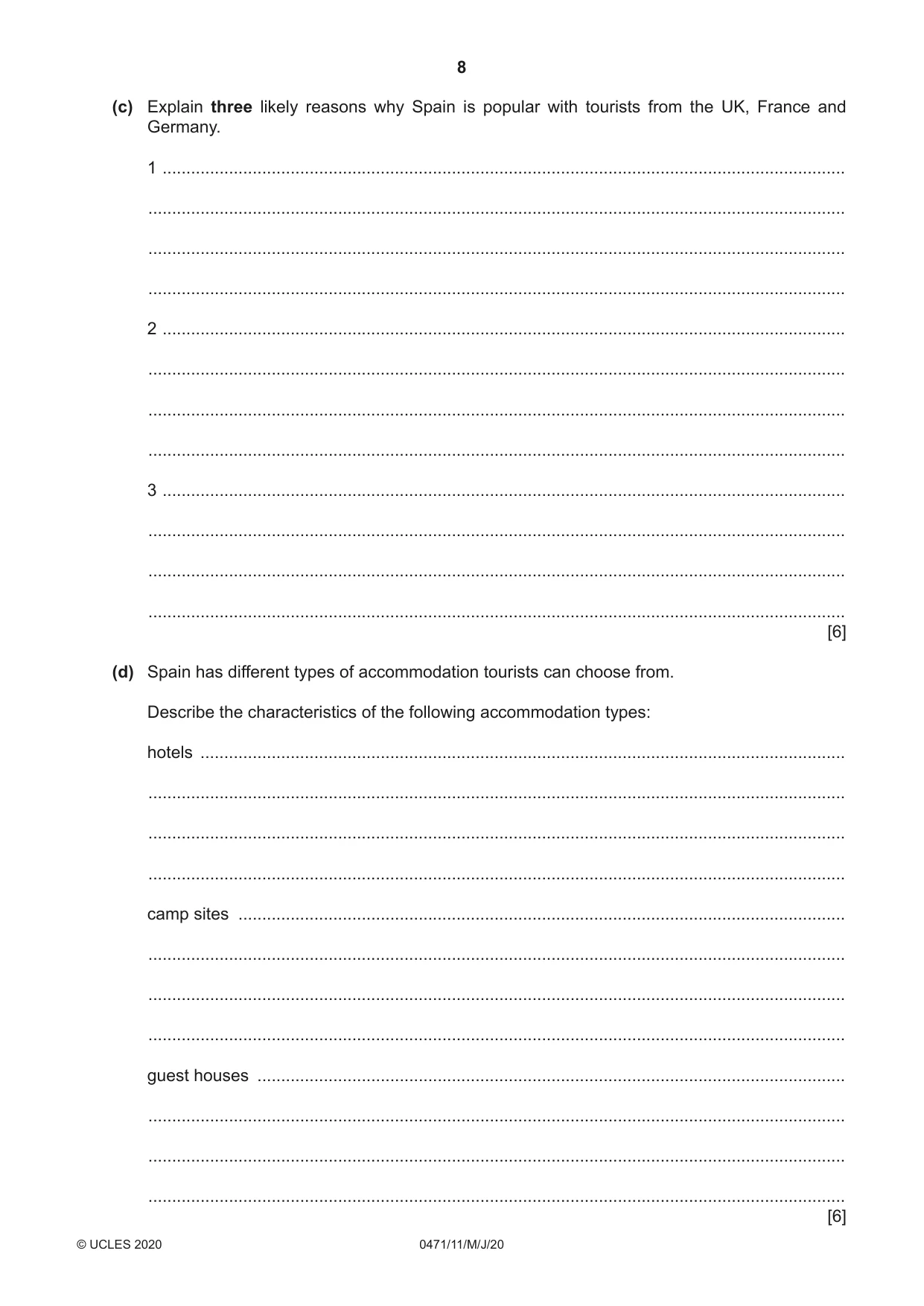 Cambridge IGCSE Travel and Tourism 0471 2020 May/June Paper 1 · Variant 1 question paper, page 8 of 12