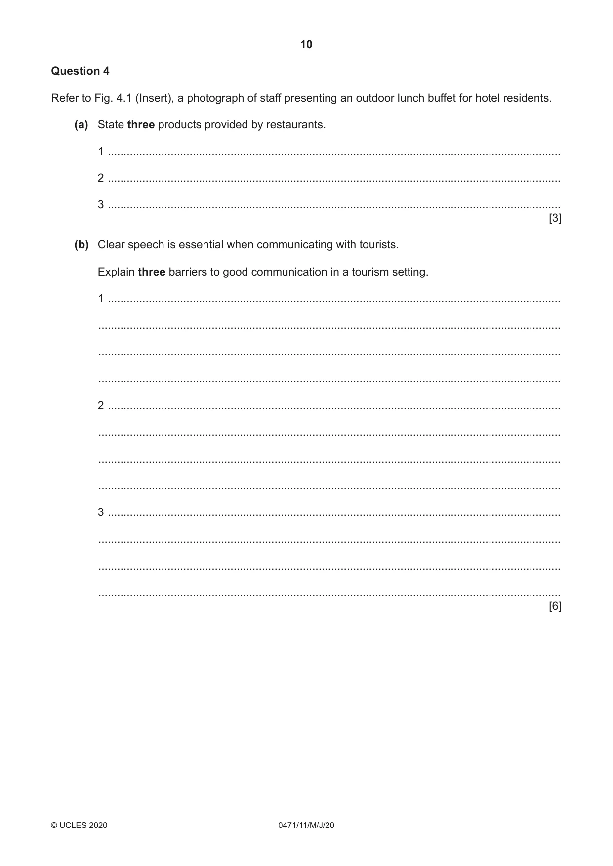 Cambridge IGCSE Travel and Tourism 0471 2020 May/June Paper 1 · Variant 1 question paper, page 10 of 12