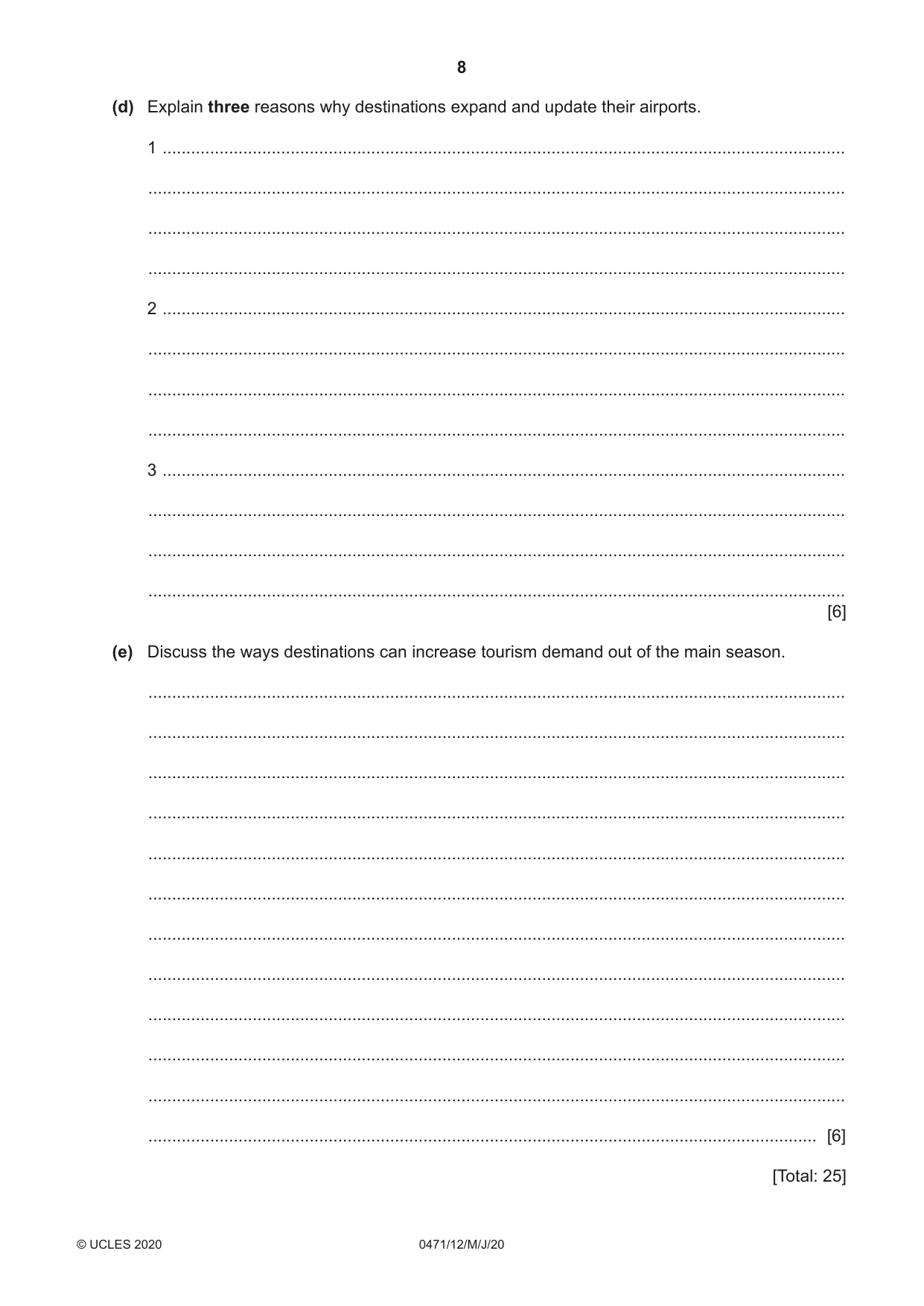 Cambridge IGCSE Travel and Tourism 0471 2020 May/June Paper 1 · Variant 2 question paper, page 8 of 12