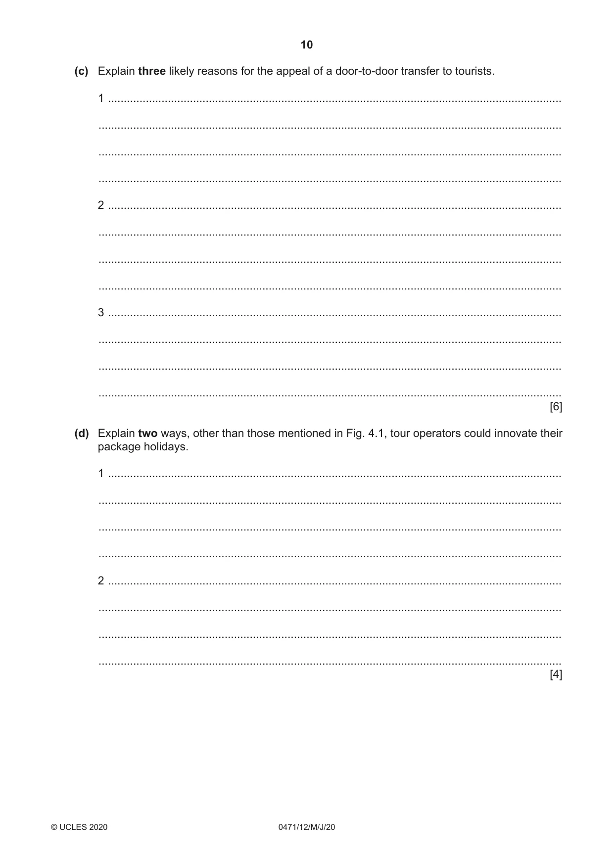 Cambridge IGCSE Travel and Tourism 0471 2020 May/June Paper 1 · Variant 2 question paper, page 10 of 12