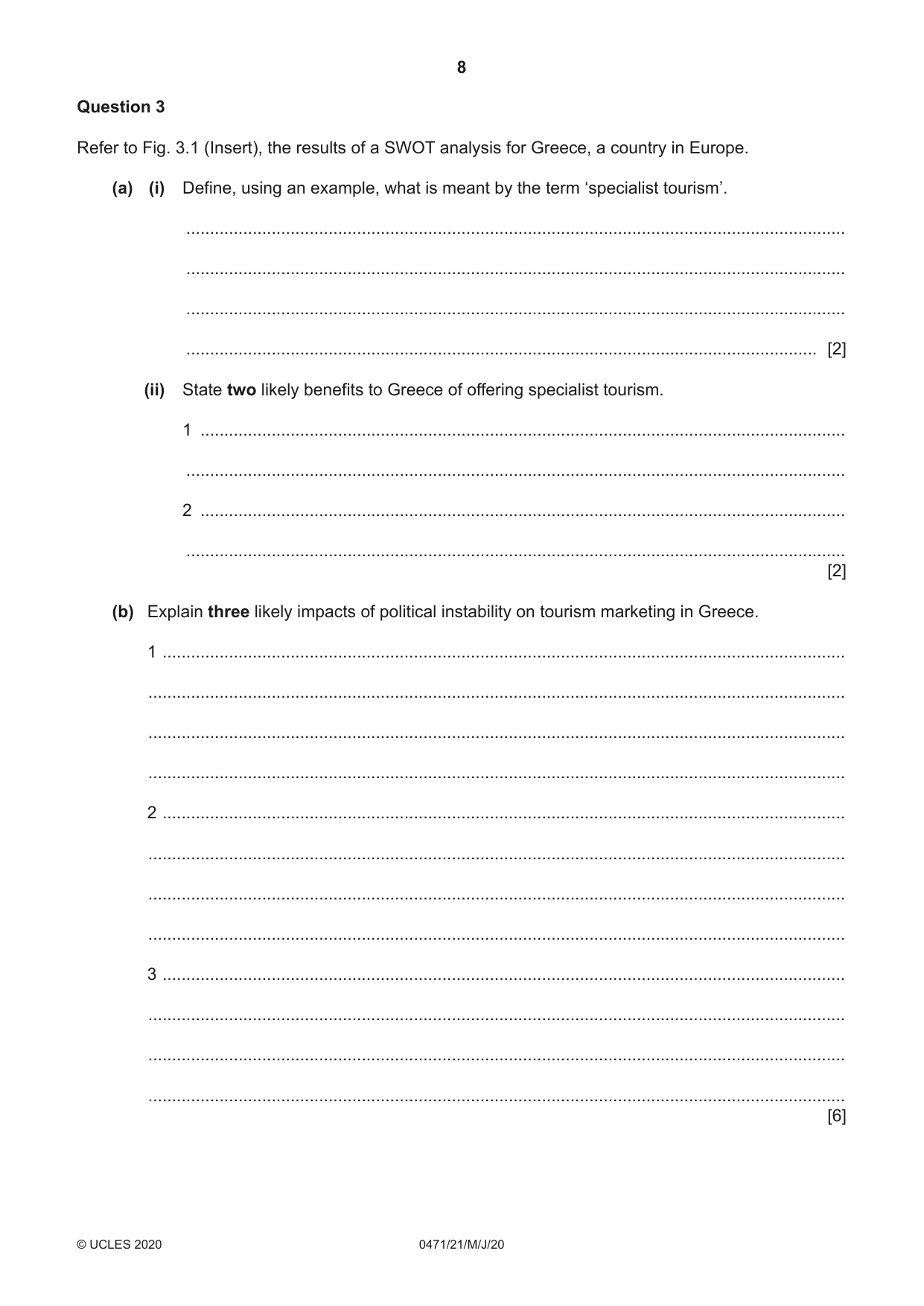 Cambridge IGCSE Travel and Tourism 0471 2020 May/June Paper 2 · Variant 1 question paper, page 8 of 16