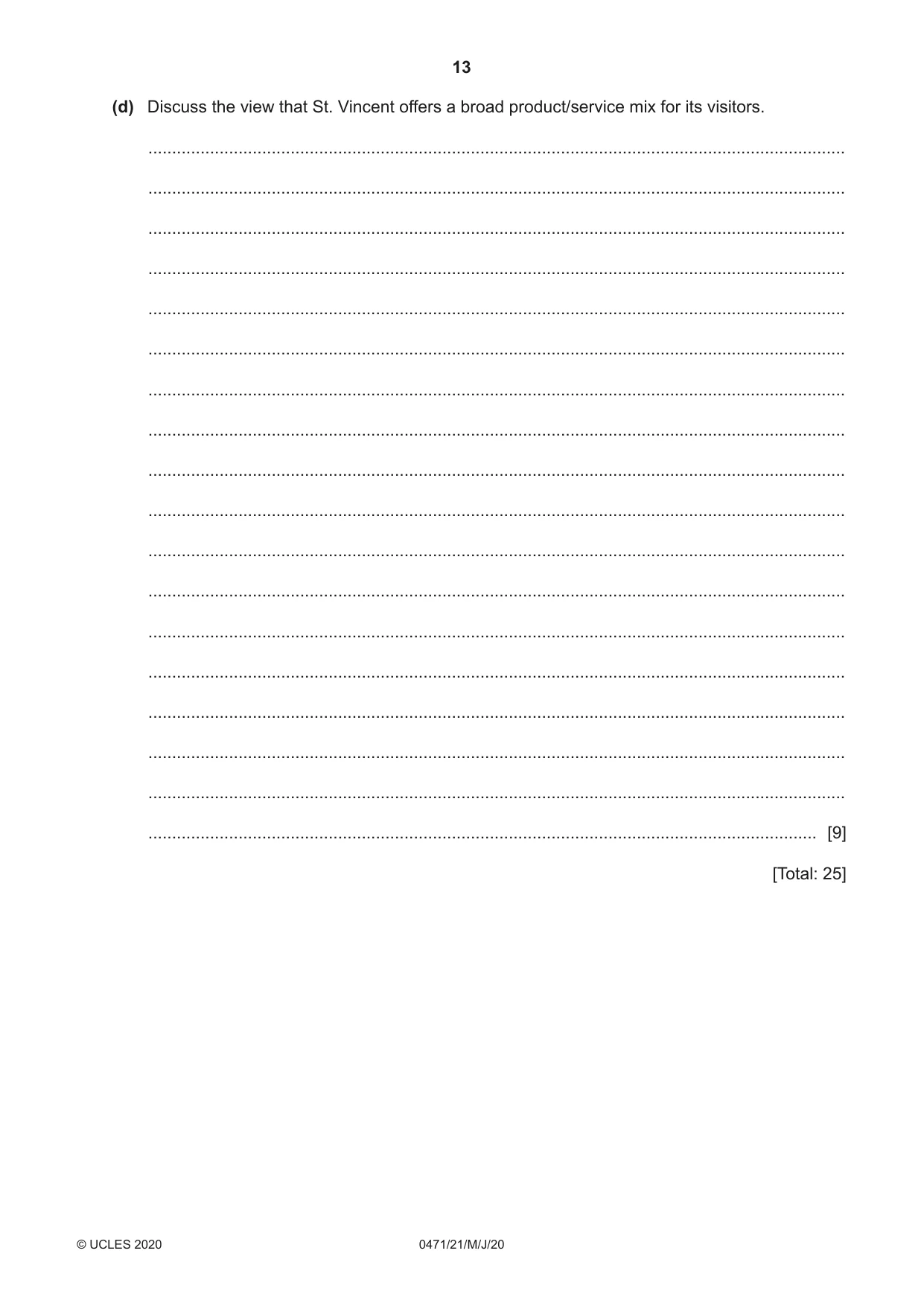 Cambridge IGCSE Travel and Tourism 0471 2020 May/June Paper 2 · Variant 1 question paper, page 13 of 16