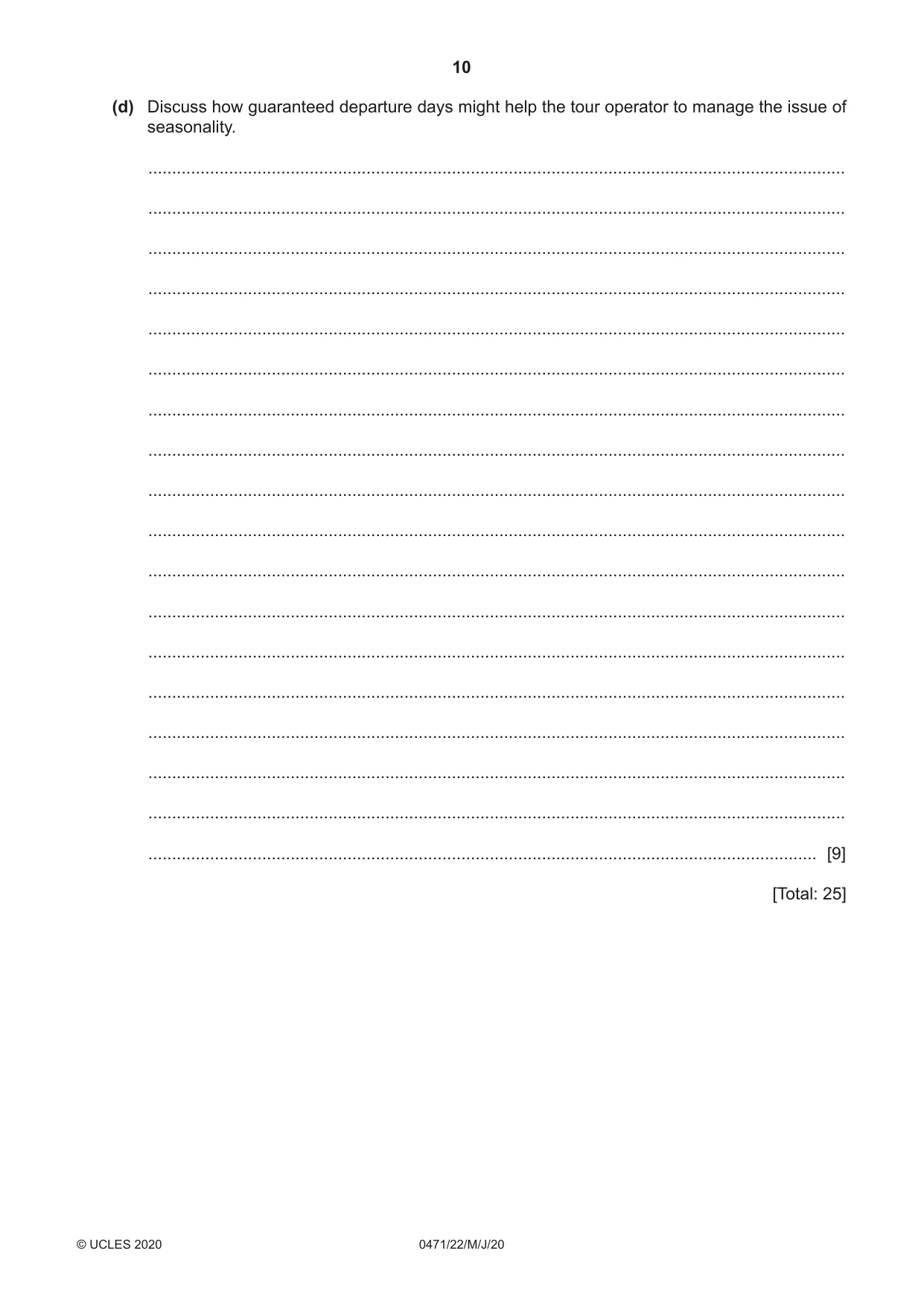 Cambridge IGCSE Travel and Tourism 0471 2020 May/June Paper 2 · Variant 2 question paper, page 10 of 16