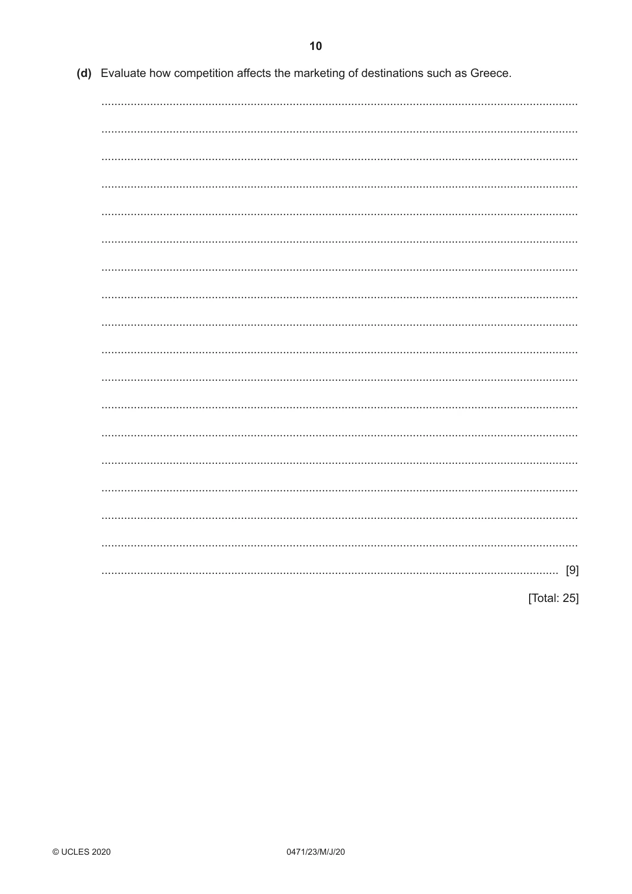 Cambridge IGCSE Travel and Tourism 0471 2020 May/June Paper 2 · Variant 3 question paper, page 10 of 16