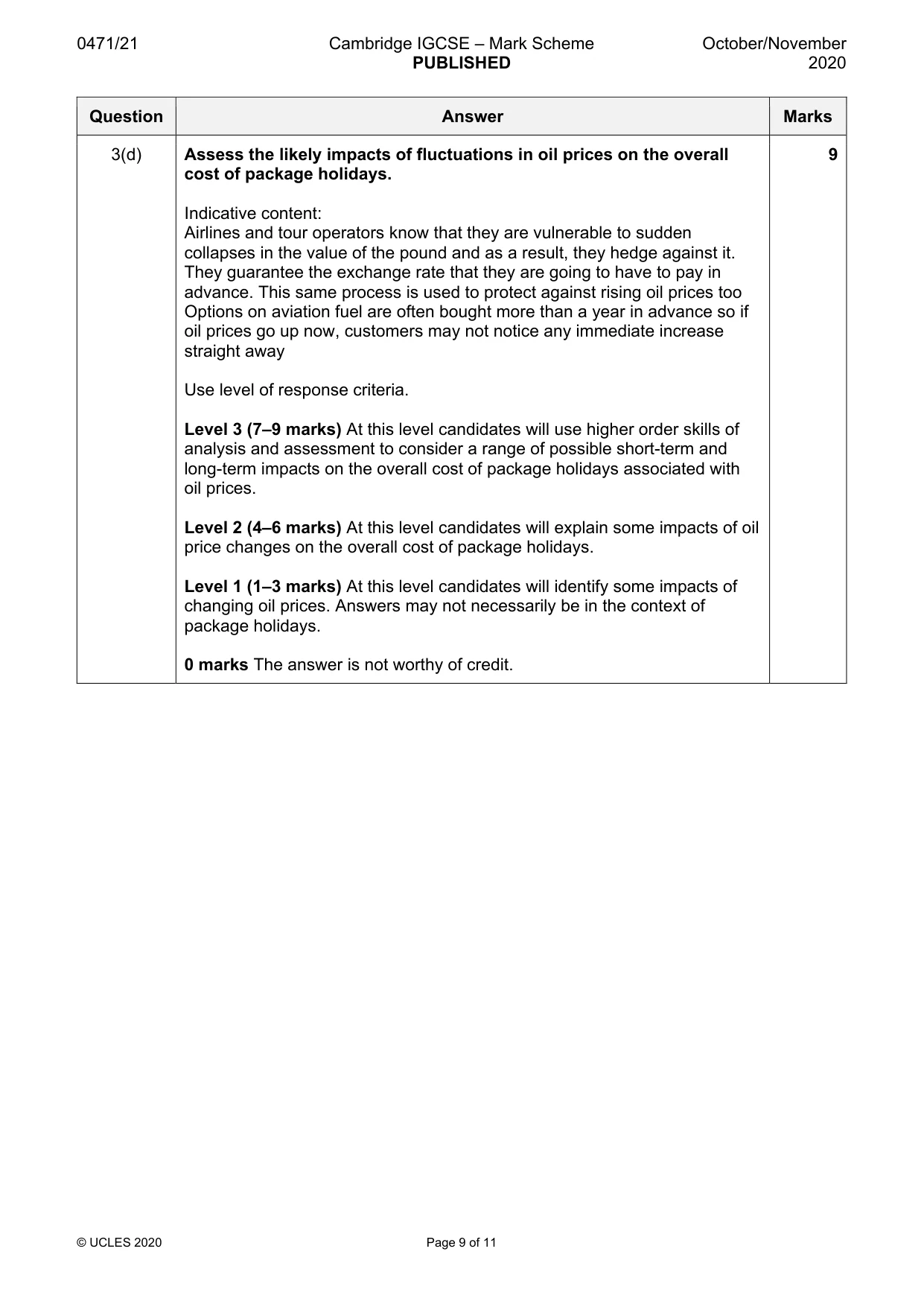 Mark scheme, page 9 of 11