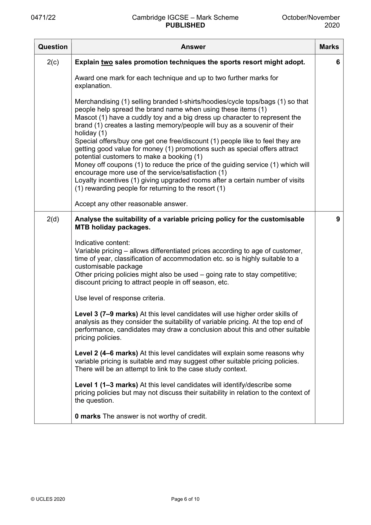 Mark scheme, page 6 of 10