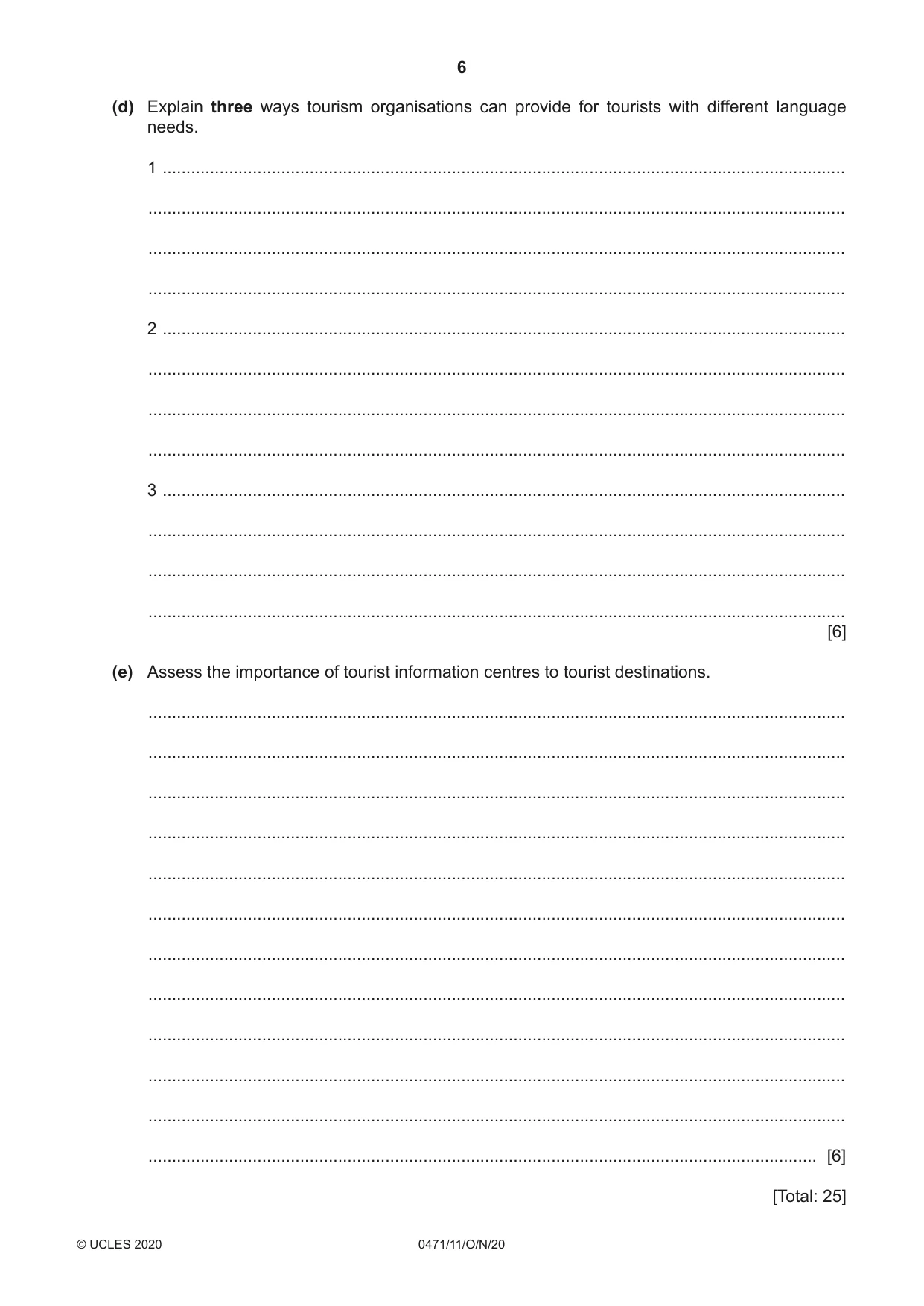 Cambridge IGCSE Travel and Tourism 0471 2020 Oct/Nov Paper 1 · Variant 1 question paper, page 6 of 12
