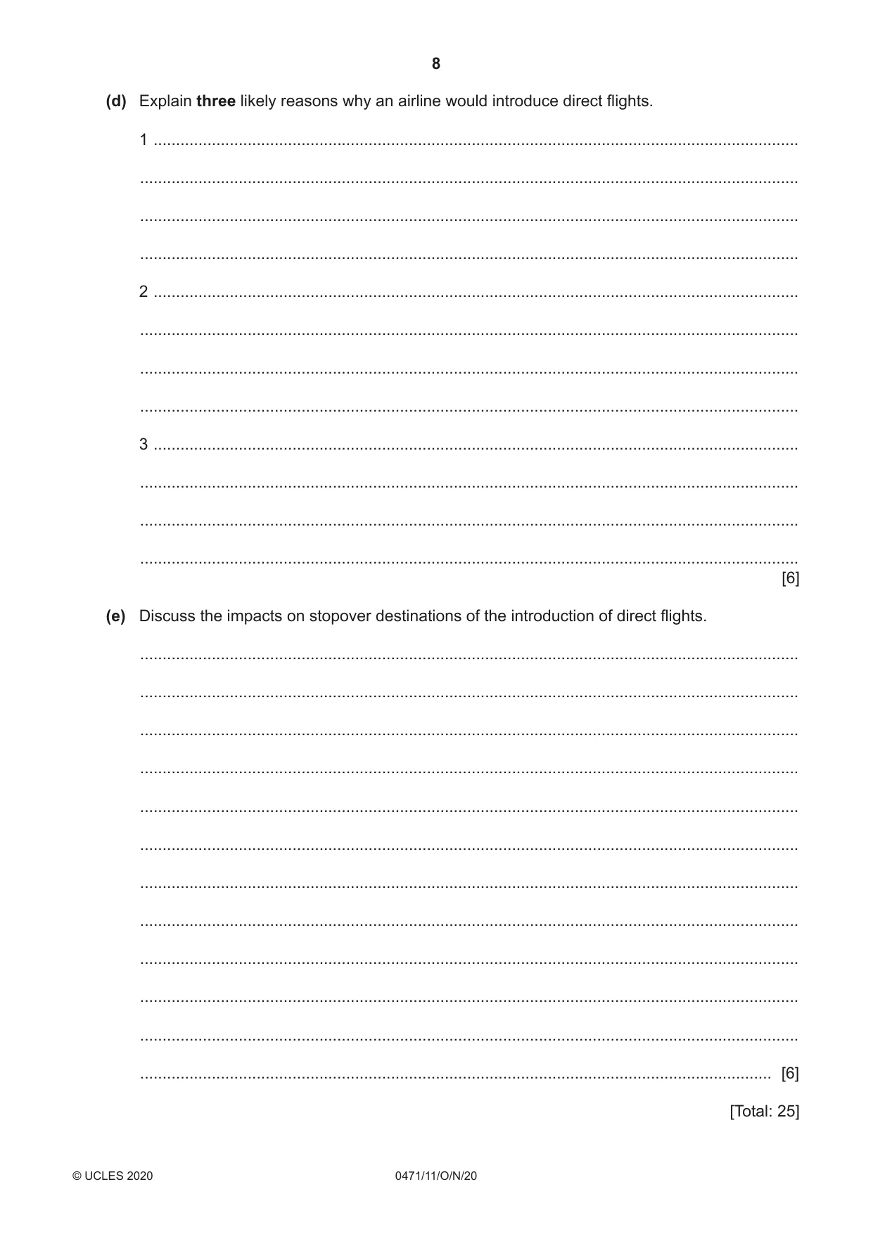 Cambridge IGCSE Travel and Tourism 0471 2020 Oct/Nov Paper 1 · Variant 1 question paper, page 8 of 12