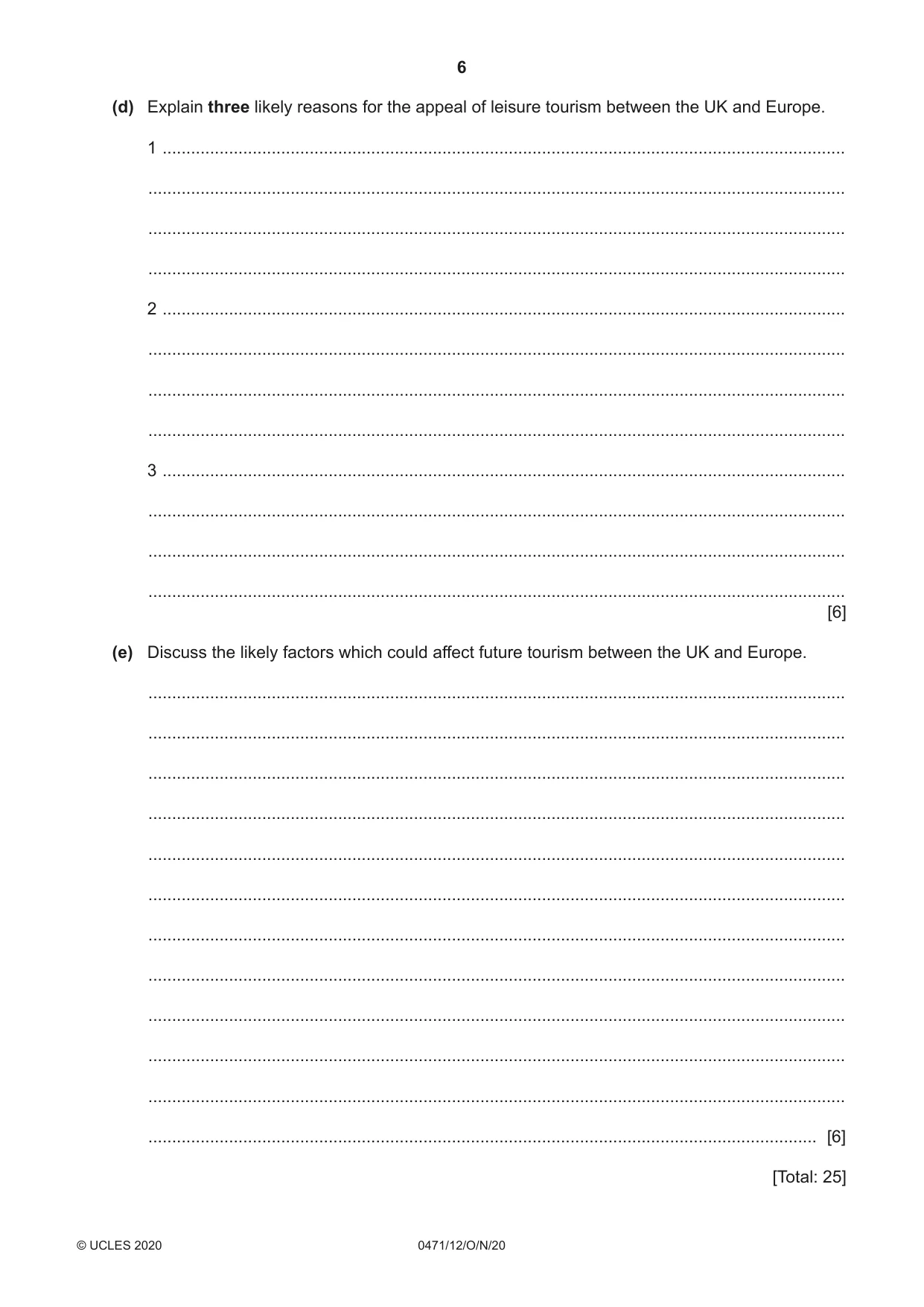 Cambridge IGCSE Travel and Tourism 0471 2020 Oct/Nov Paper 1 · Variant 2 question paper, page 6 of 12