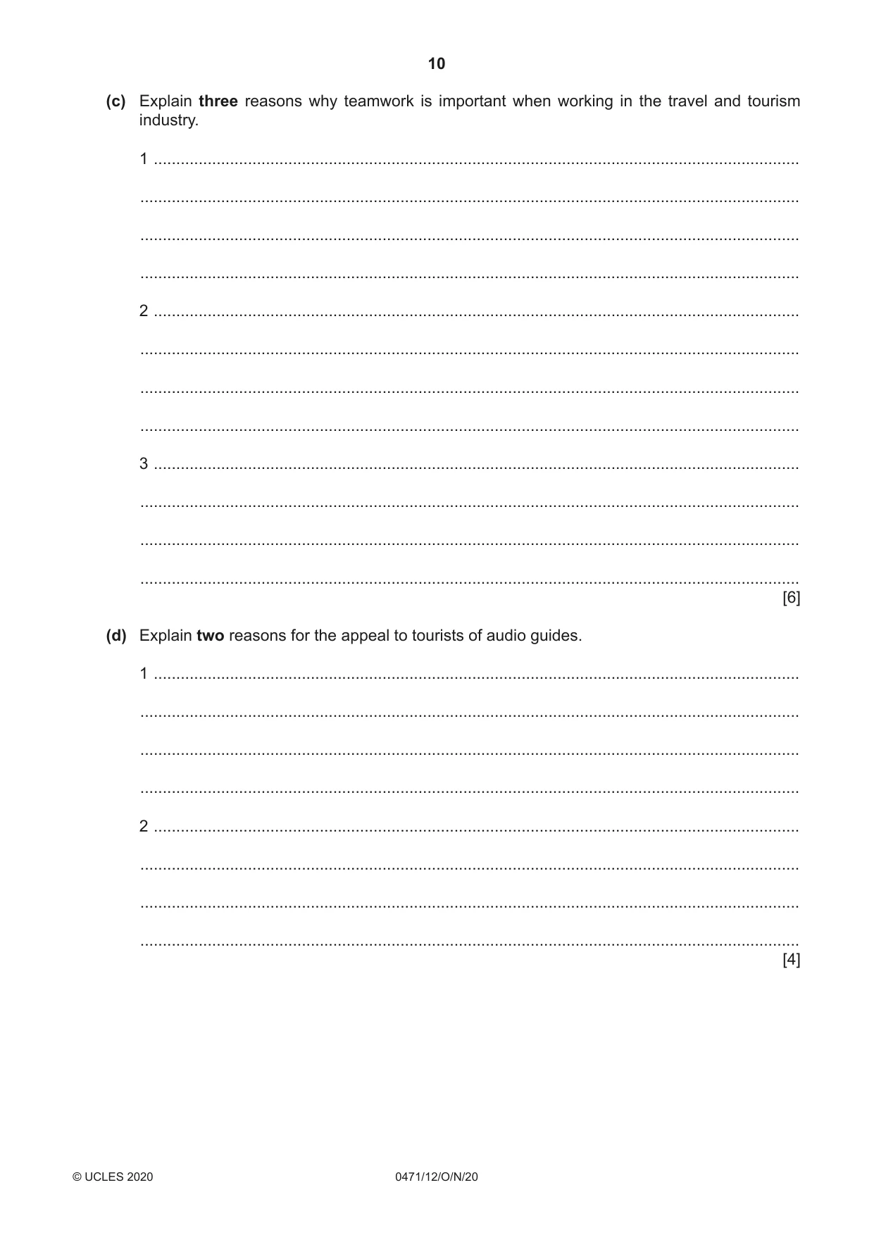 Cambridge IGCSE Travel and Tourism 0471 2020 Oct/Nov Paper 1 · Variant 2 question paper, page 10 of 12