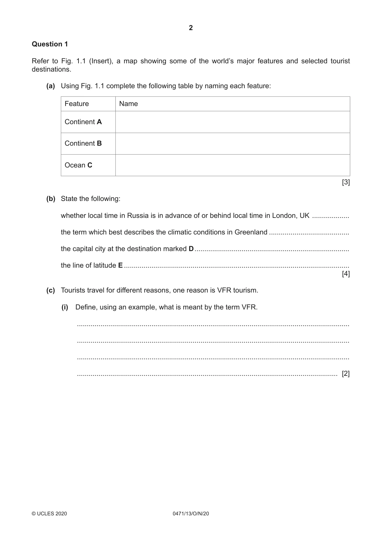 Cambridge IGCSE Travel and Tourism 0471 2020 Oct/Nov Paper 1 · Variant 3 question paper, page 2 of 12