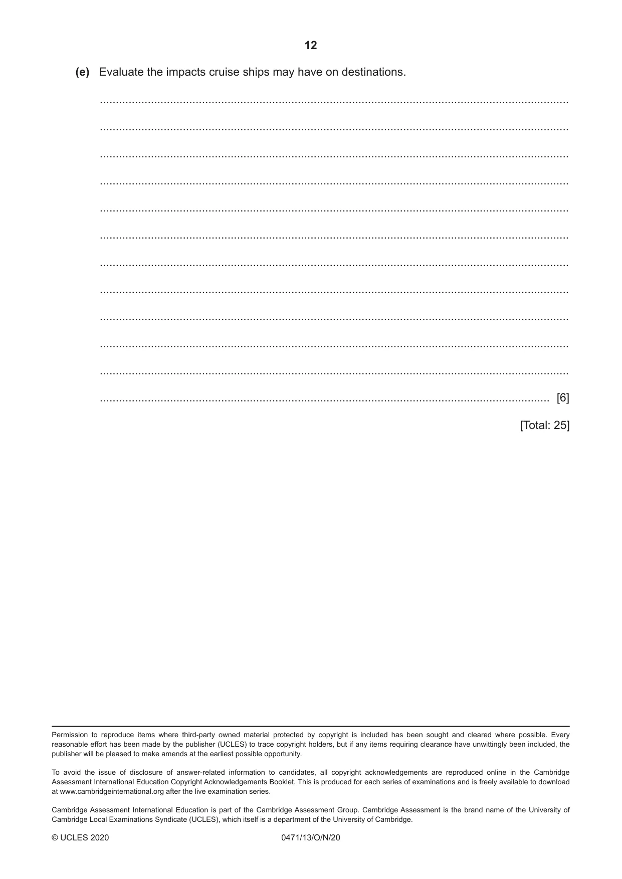 Cambridge IGCSE Travel and Tourism 0471 2020 Oct/Nov Paper 1 · Variant 3 question paper, page 12 of 12