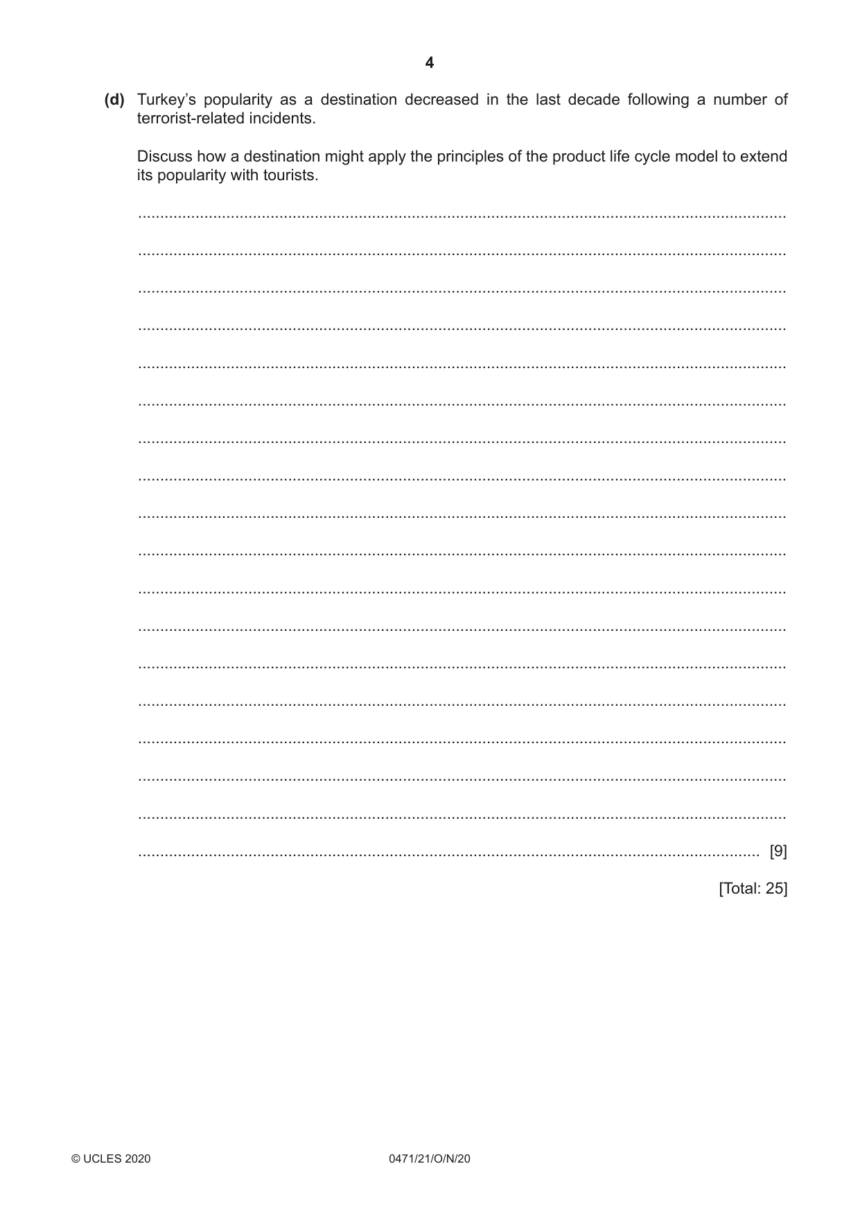Cambridge IGCSE Travel and Tourism 0471 2020 Oct/Nov Paper 2 · Variant 1 question paper, page 4 of 16