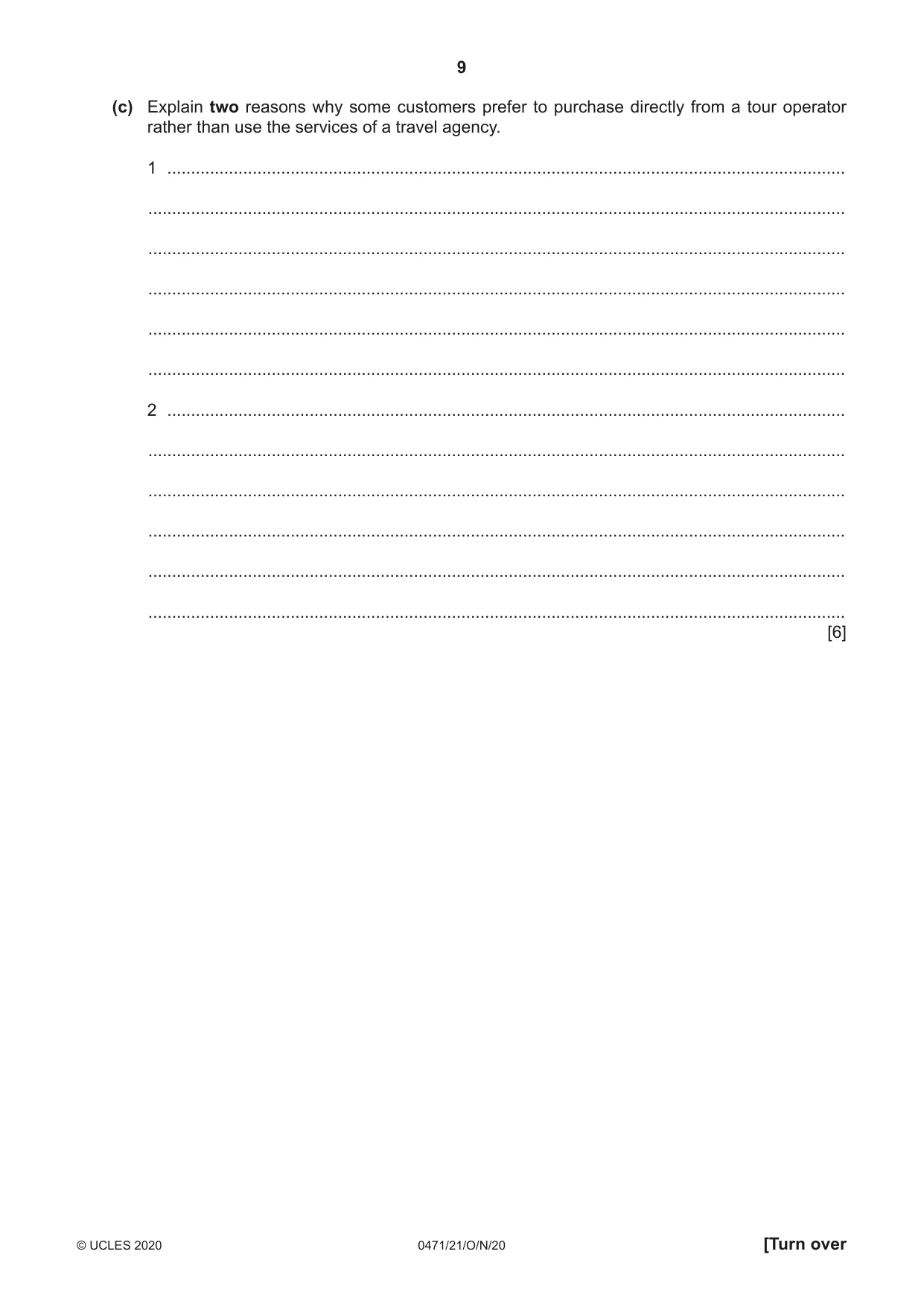 Cambridge IGCSE Travel and Tourism 0471 2020 Oct/Nov Paper 2 · Variant 1 question paper, page 9 of 16