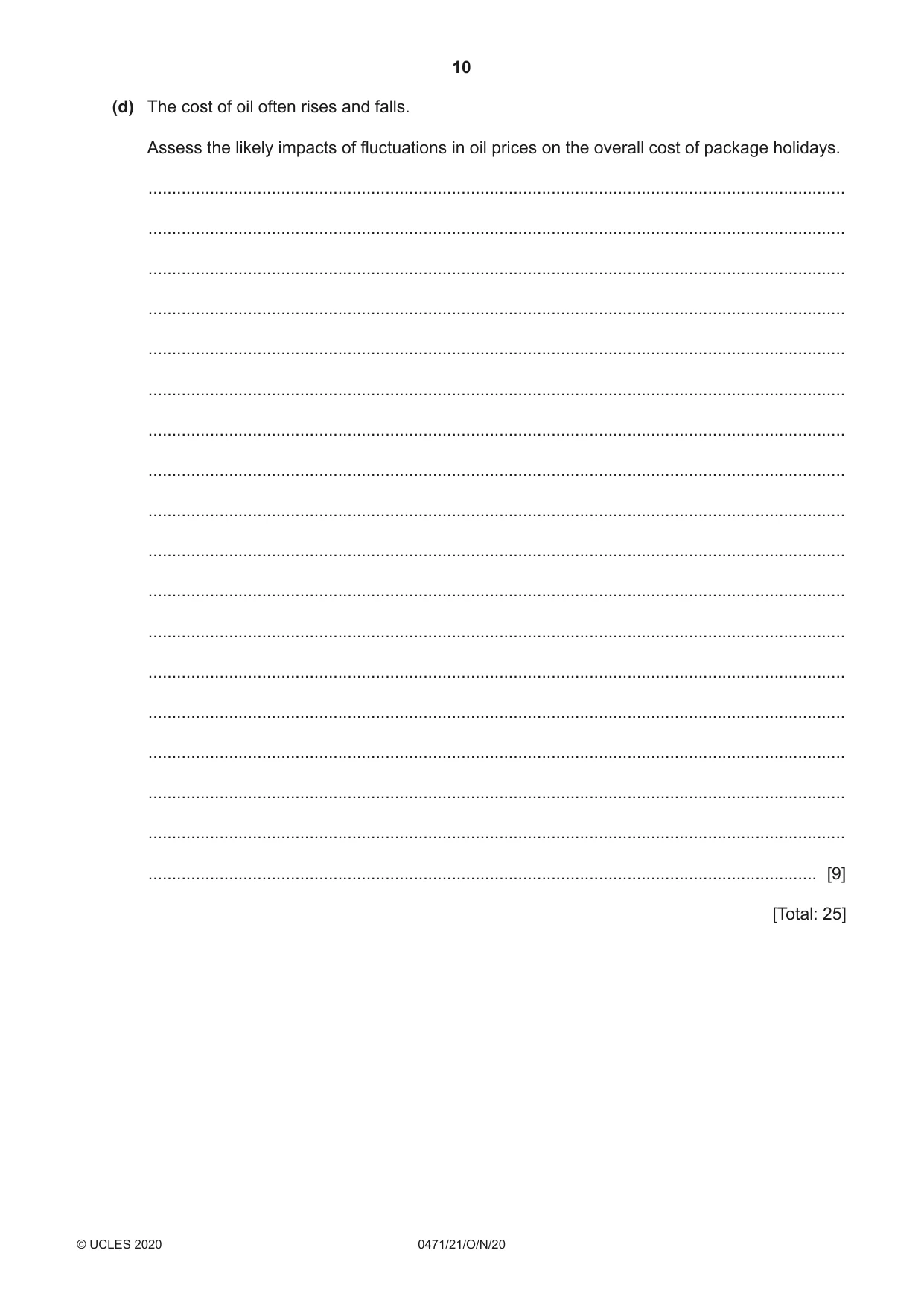 Cambridge IGCSE Travel and Tourism 0471 2020 Oct/Nov Paper 2 · Variant 1 question paper, page 10 of 16