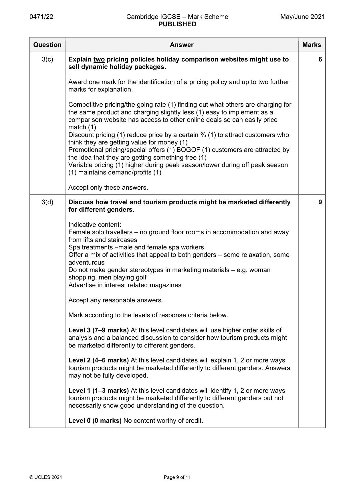 Mark scheme, page 9 of 11