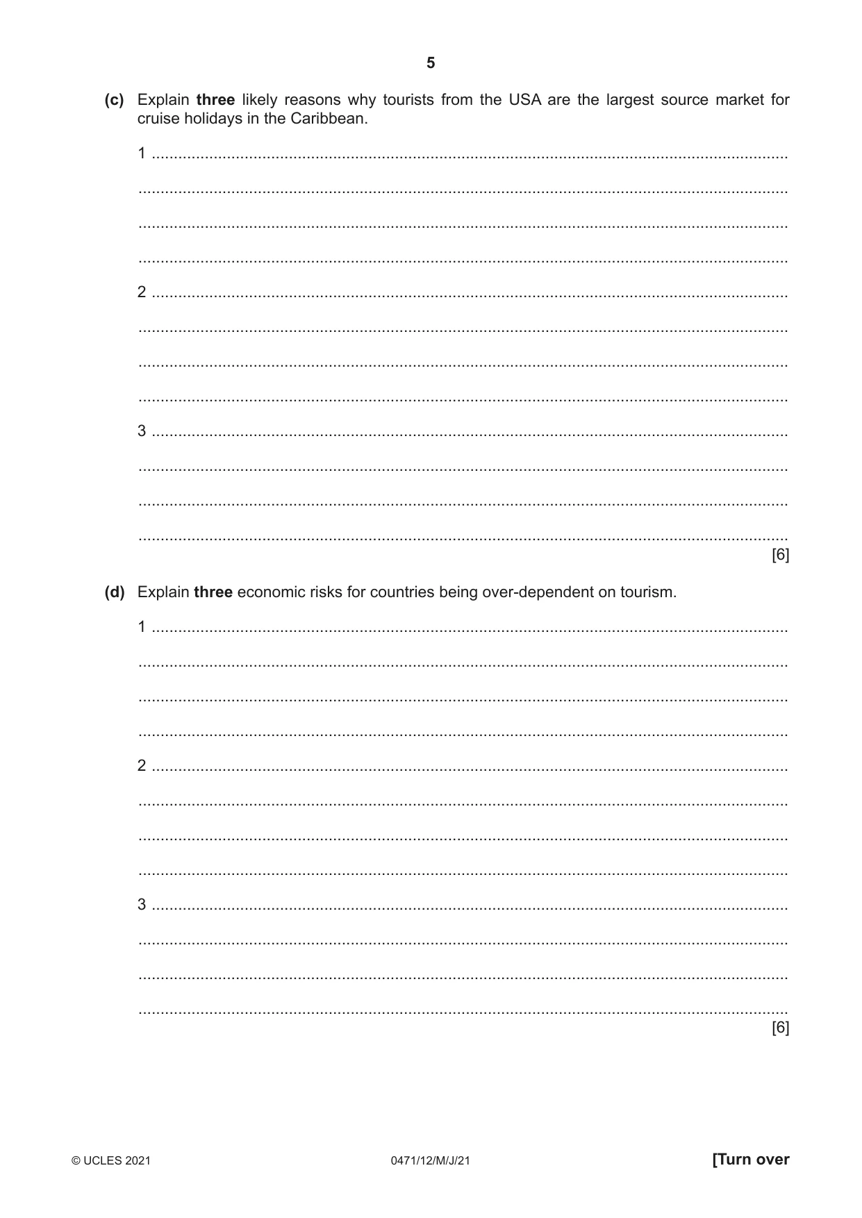 Cambridge IGCSE Travel and Tourism 0471 2021 May/June Paper 1 · Variant 2 question paper, page 5 of 12
