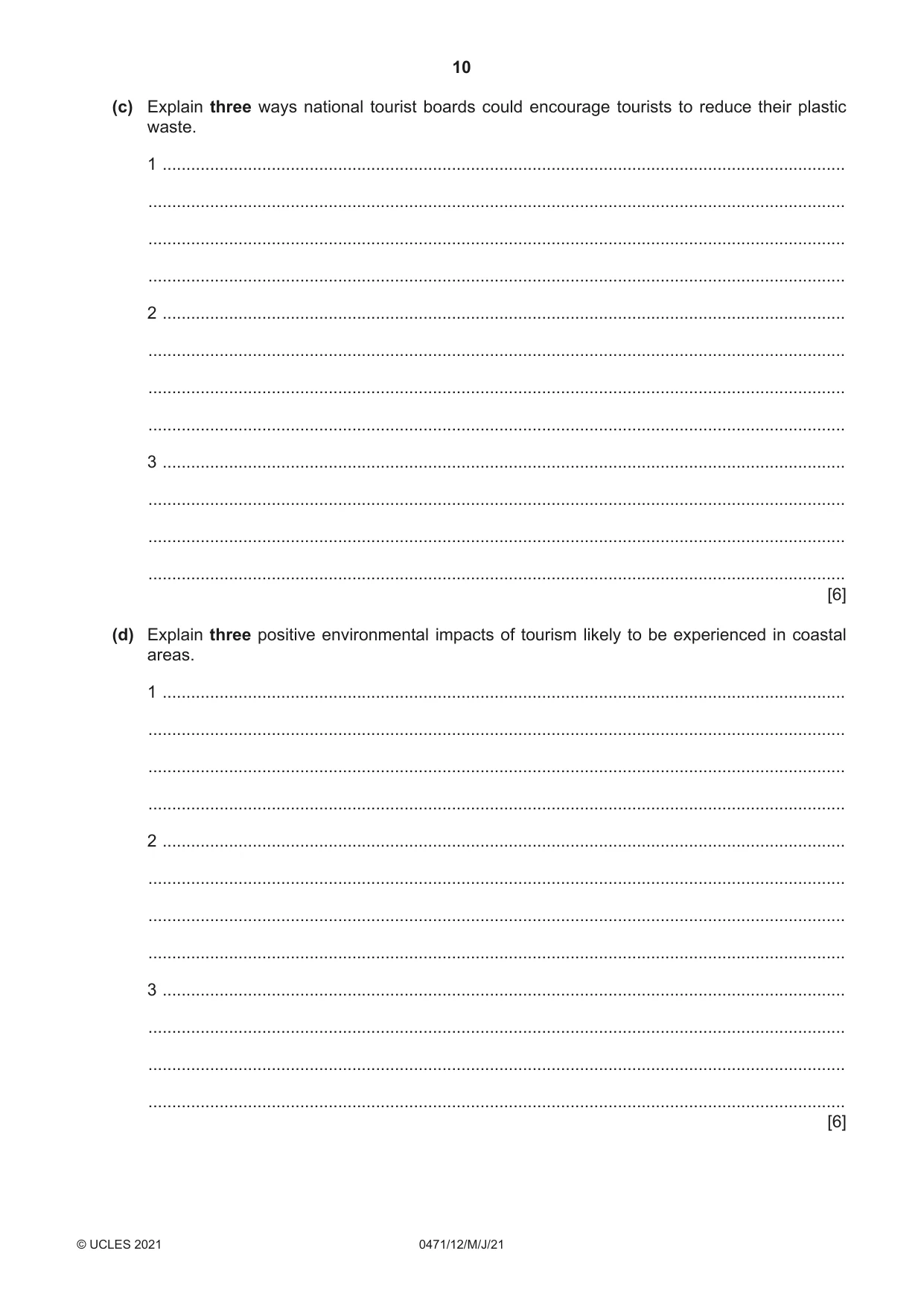 Cambridge IGCSE Travel and Tourism 0471 2021 May/June Paper 1 · Variant 2 question paper, page 10 of 12