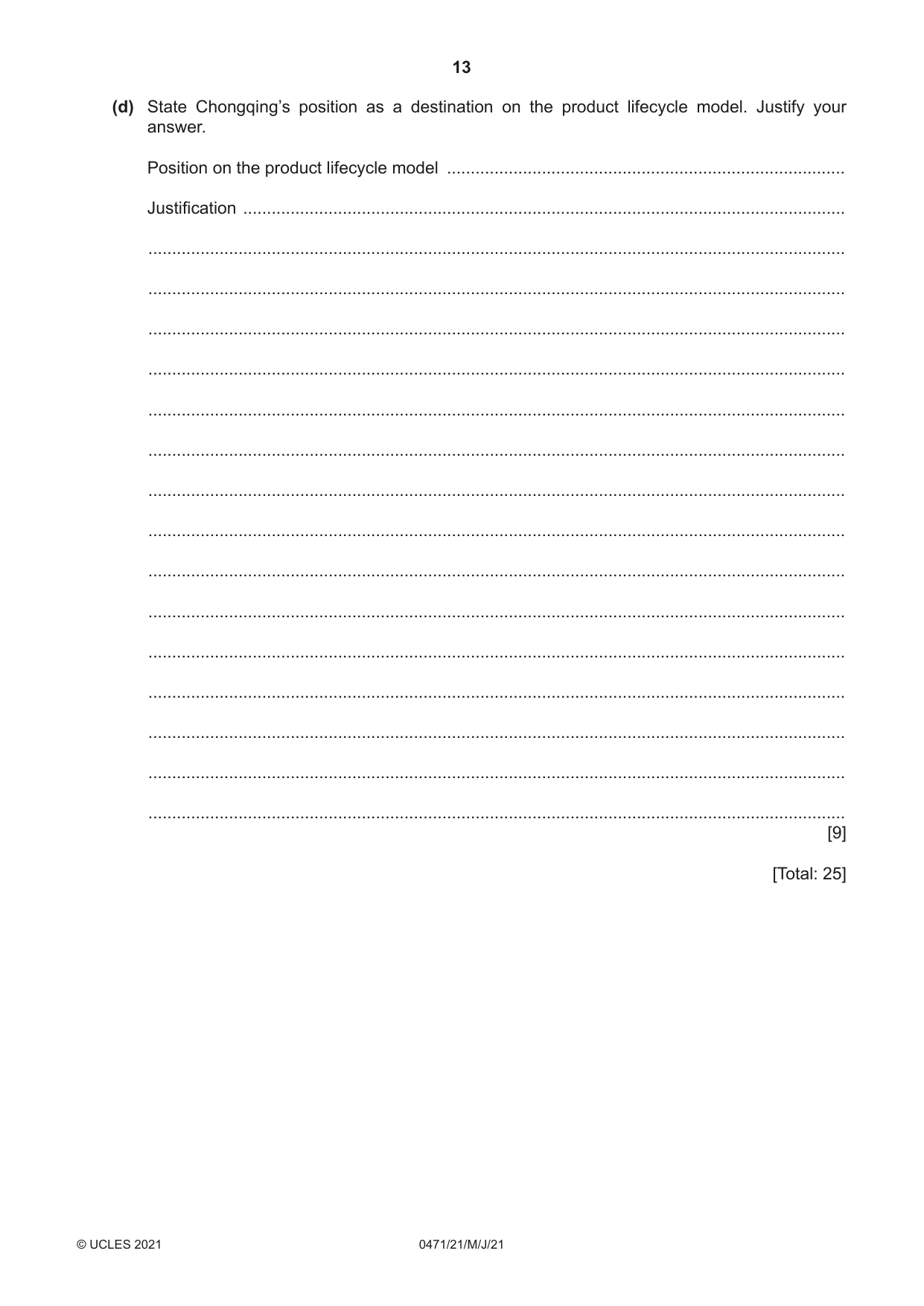 Cambridge IGCSE Travel and Tourism 0471 2021 May/June Paper 2 · Variant 1 question paper, page 13 of 16
