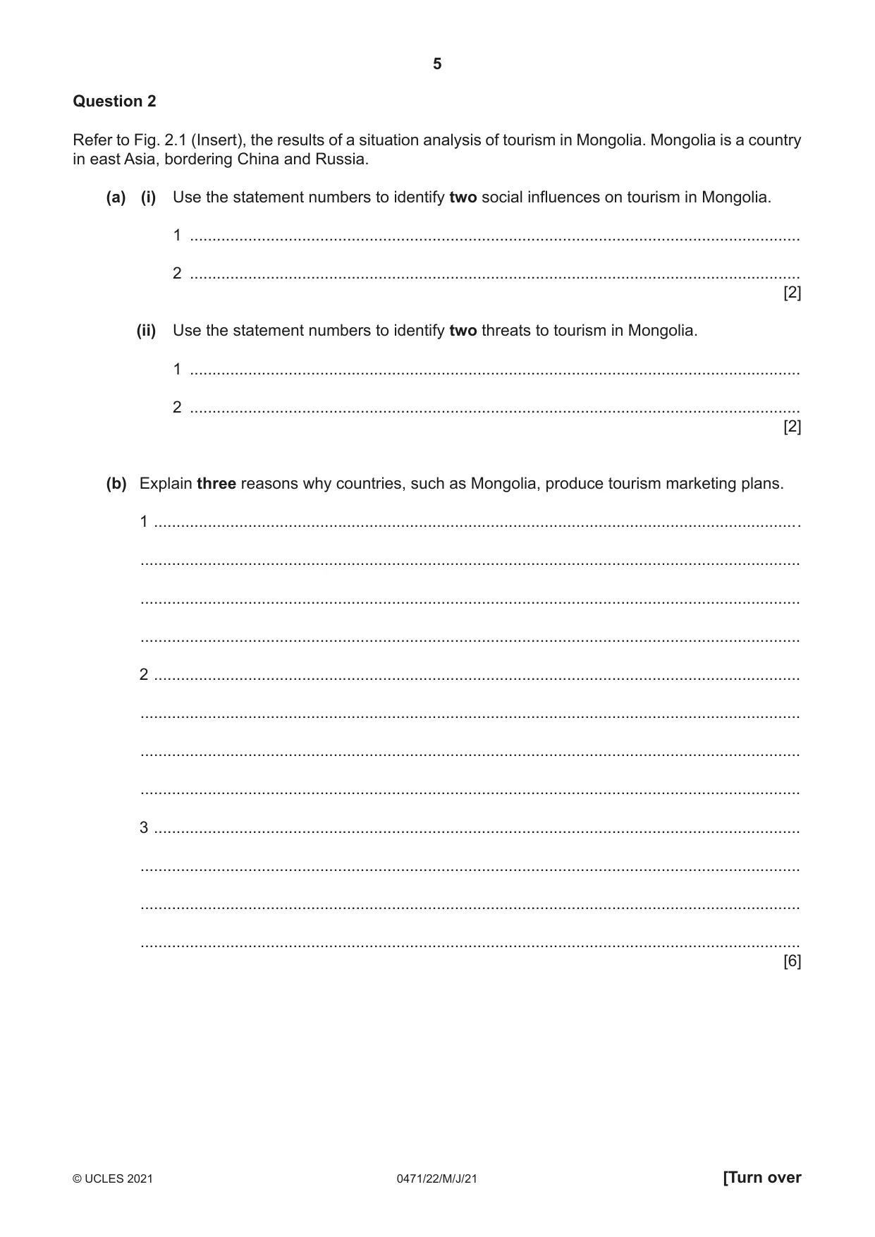 Cambridge IGCSE Travel and Tourism 0471 2021 May/June Paper 2 · Variant 2 question paper, page 5 of 16