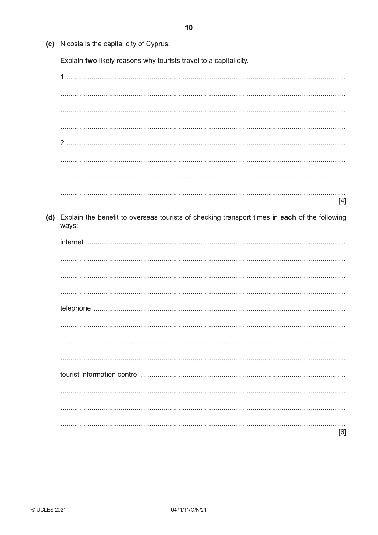 Cambridge IGCSE Travel and Tourism 0471 2021 Oct/Nov Paper 1 · Variant 1 question paper, page 10 of 12